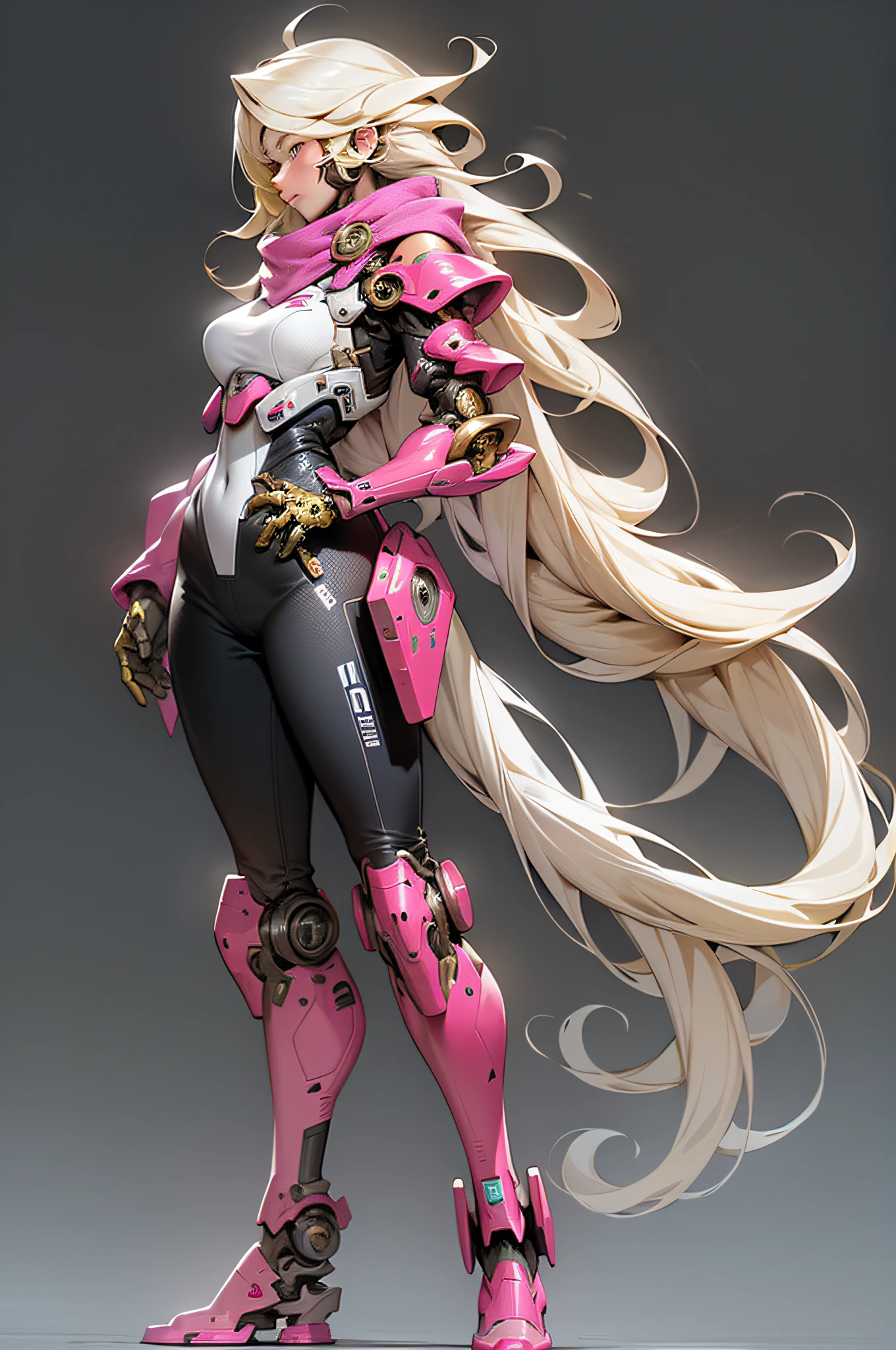 masterpiece, best quality, 1girl, bodysuit, full body , long hair, blonde hair, mechanical arms, medium breasts, pink scarf, science fiction, solo, standing,  simple background