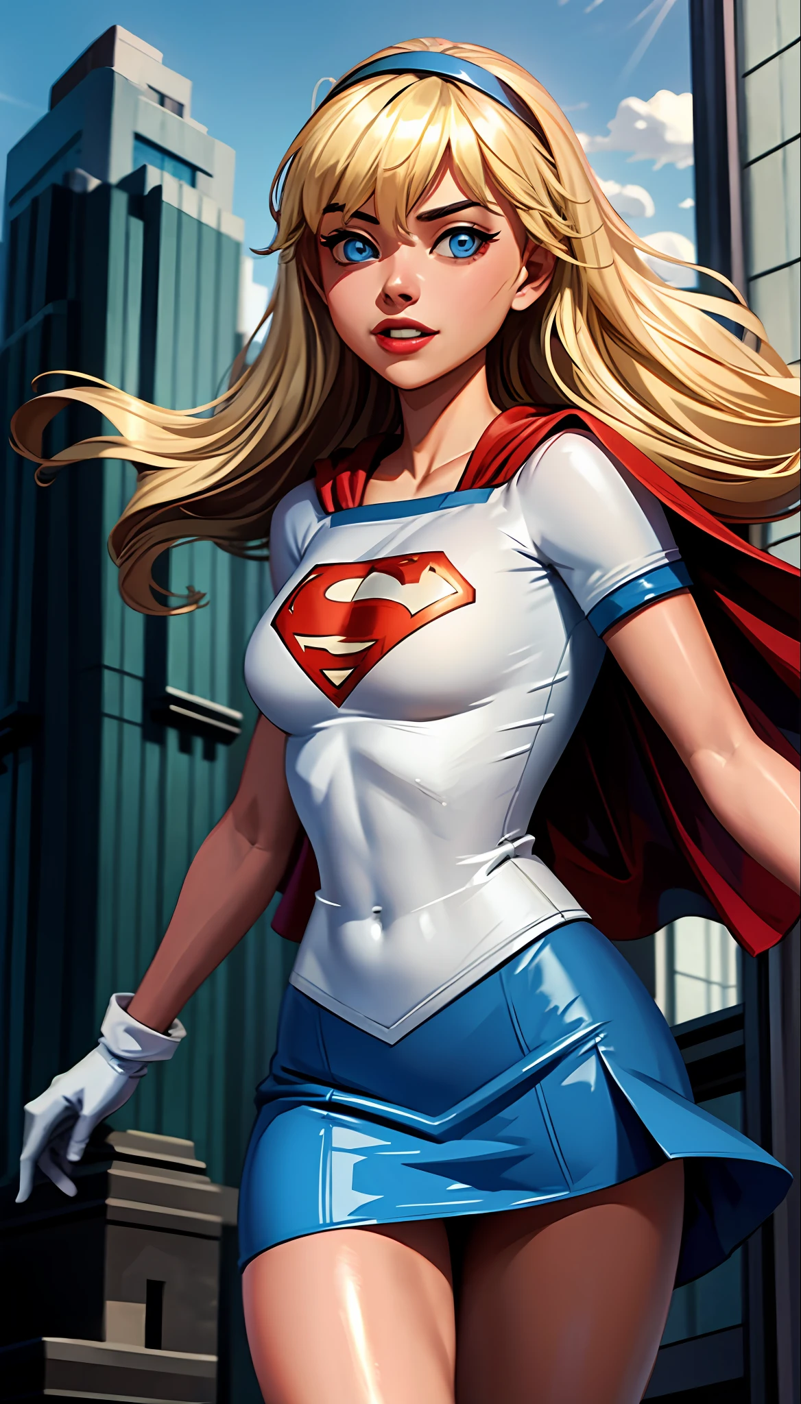 (cowboy shot), SFW, (masterpiece), (best quality: 1.0), (ultra highres: 1.0), detailed eyes,
BREAK
Supergirl, 1girl, long blonde hair, in the air, flying
hair band, \(white\) crop top, short sleeves, cape, blue pencil skirt, gloves, boots
BREAK
(Famous, interview, among audiences)