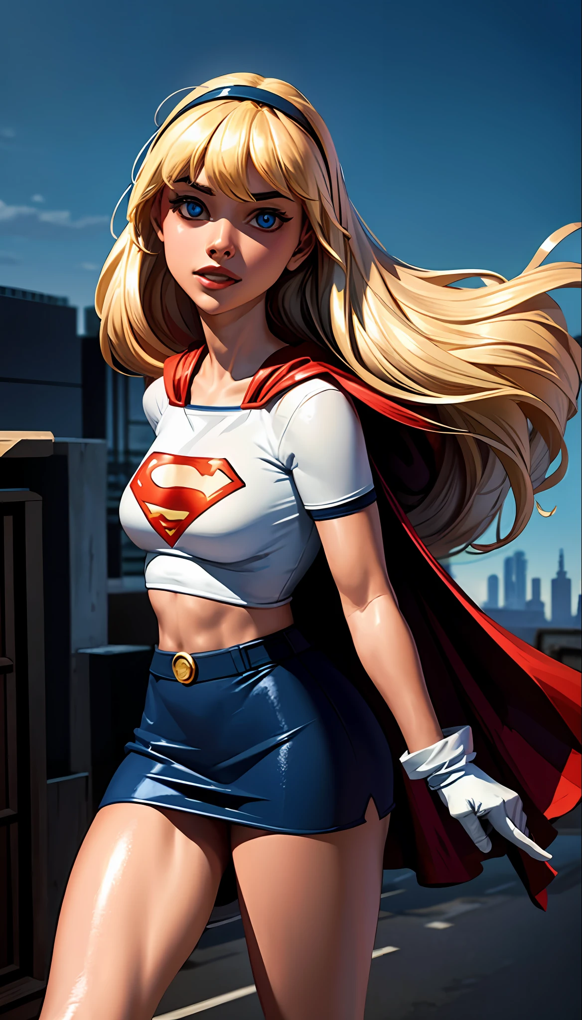 (cowboy shot), SFW, (masterpiece), (best quality: 1.0), (ultra highres: 1.0), detailed eyes,
BREAK
Supergirl, 1girl, long blonde hair, in the air, flying
hair band, \(white\) crop top, short sleeves, cape, blue pencil skirt, gloves, boots
BREAK
(Famous, interview, among audiences)