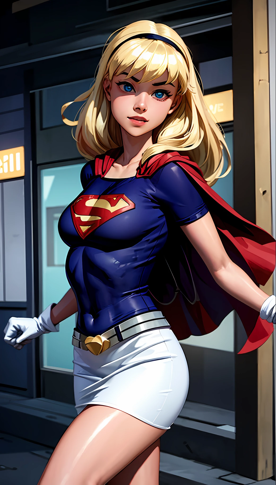 (cowboy shot), SFW, (masterpiece), (best quality: 1.0), (ultra highres: 1.0), detailed eyes,
BREAK
Supergirl, 1girl, long blonde hair, in the air, flying
hair band, \(white\) crop top, short sleeves, cape, blue pencil skirt, gloves, boots
BREAK
(Famous, interview, among audiences)