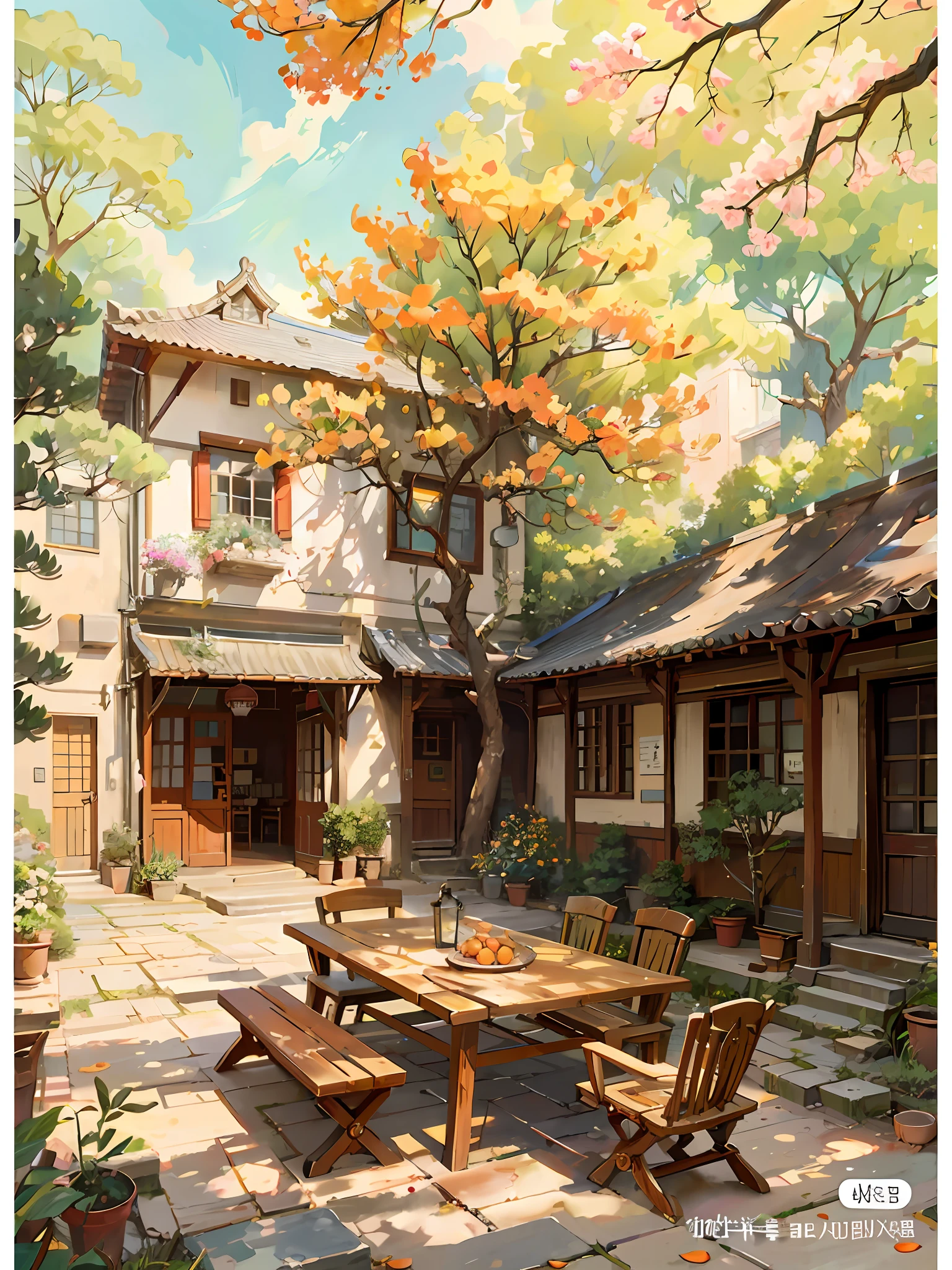 Painting a courtyard with tables, chairs and a tree, Chinese courtyard, beautiful artwork illustration, landscape artwork, autumn, Zhou Chen, there is a persimmon tree, full of red persimmons, anime background art, Studio Ghibli art, Studio Ghibli environment, beautiful digital painting, detailed scenery - width 672, Studio Ghibli style, Studio Ghibli sunshine, beautiful digital artwork, by Ni Yuanlu, Studio Ghibli painting style