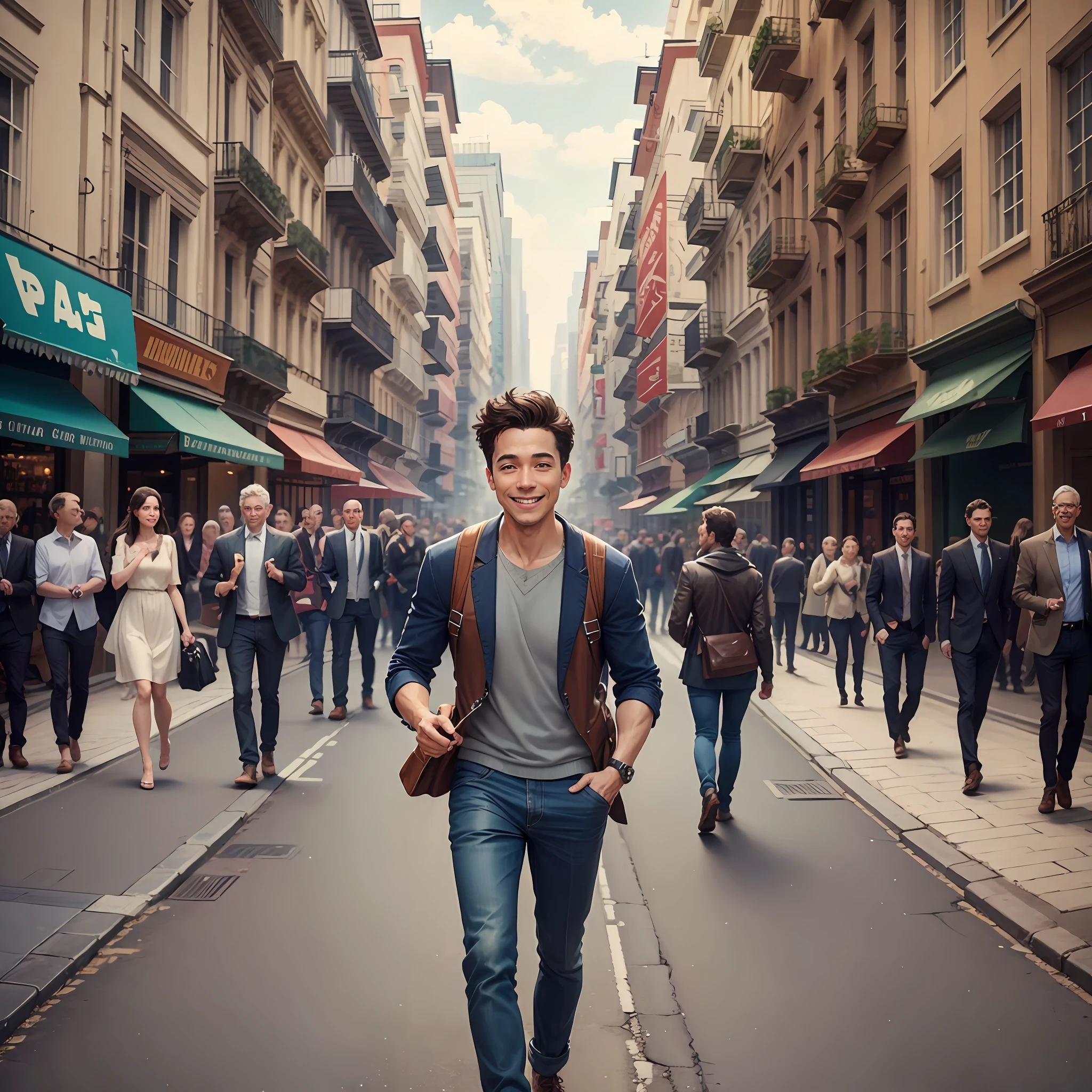 Peter walking through the city with a gentle smile on his face as the people around look at him in awe. --auto --s2