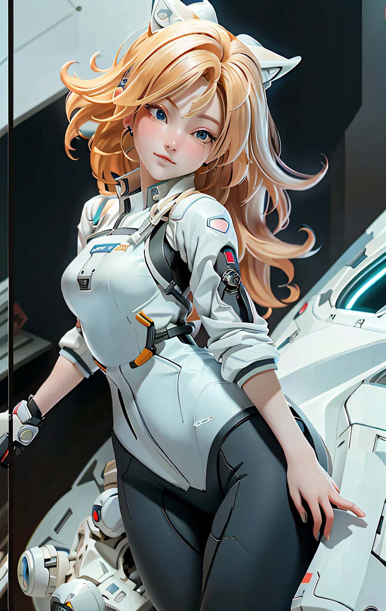 (Overhead view),dynamic angle,ultra-detailed, illustration, close-up, straight on, 1girl, ((souryuu asuka langley, interface headset, red bodysuit:1.4, blonde)),Her eyes shone like dreamy stars,(glowing eyes:1.233),(beautiful and detailed eyes:1.1),(expressionless,closed mouth),(standing), (mechanic room with toolsand spaceship windowin a white SPACESHIP), (night:1.2),dreamy, [[delicate fingers and hands:0.55]::0.85],(detail fingers),
