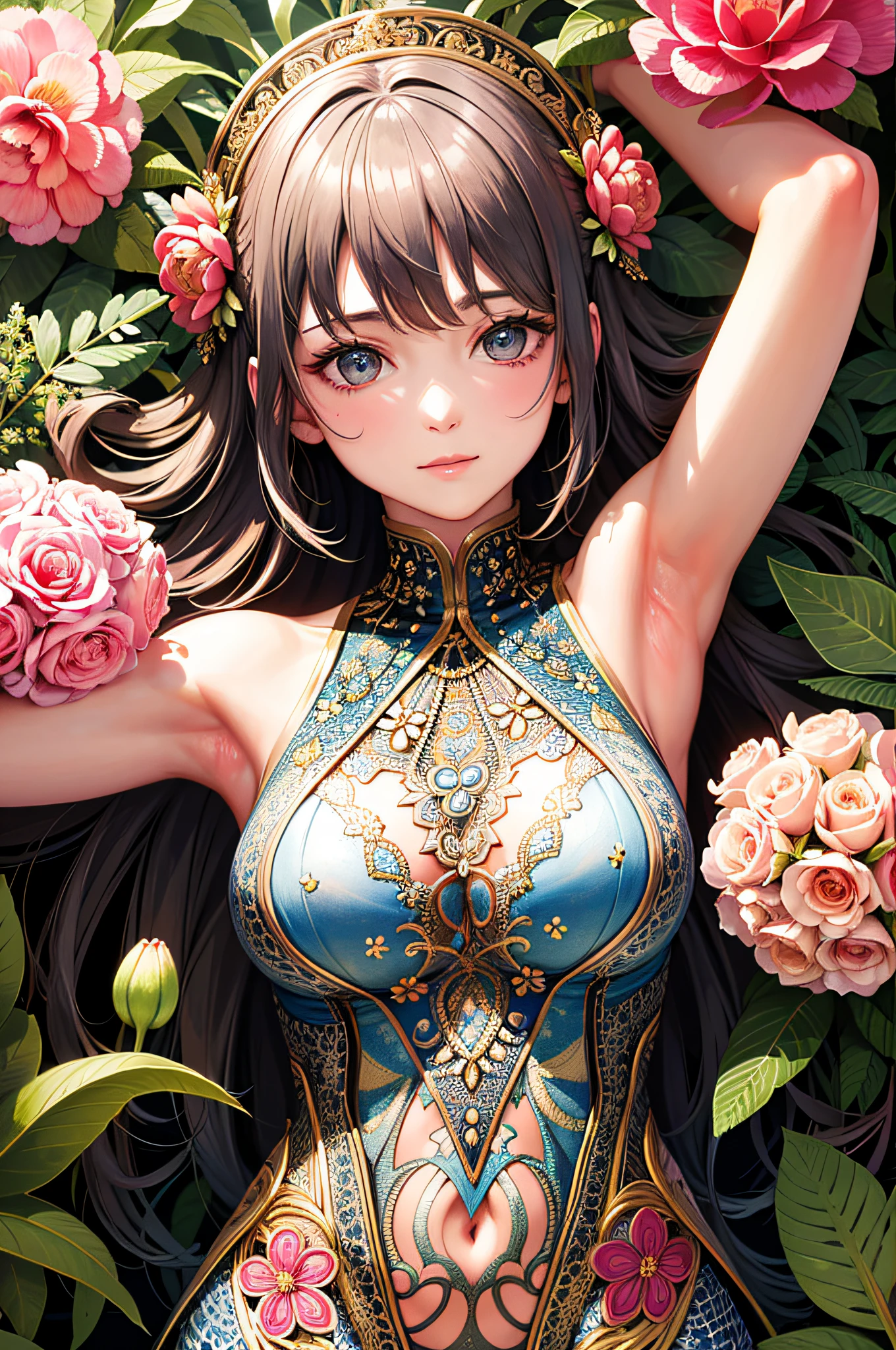 Armpit, Shy and Absurd, High Resolution, Ultra Detailed, (Ultra Detail Background, Detailed Background), Very Detailed, 1 Girl, Bunch of Flowers, (Zentangle: 1.2), (Geometry: 1.2),