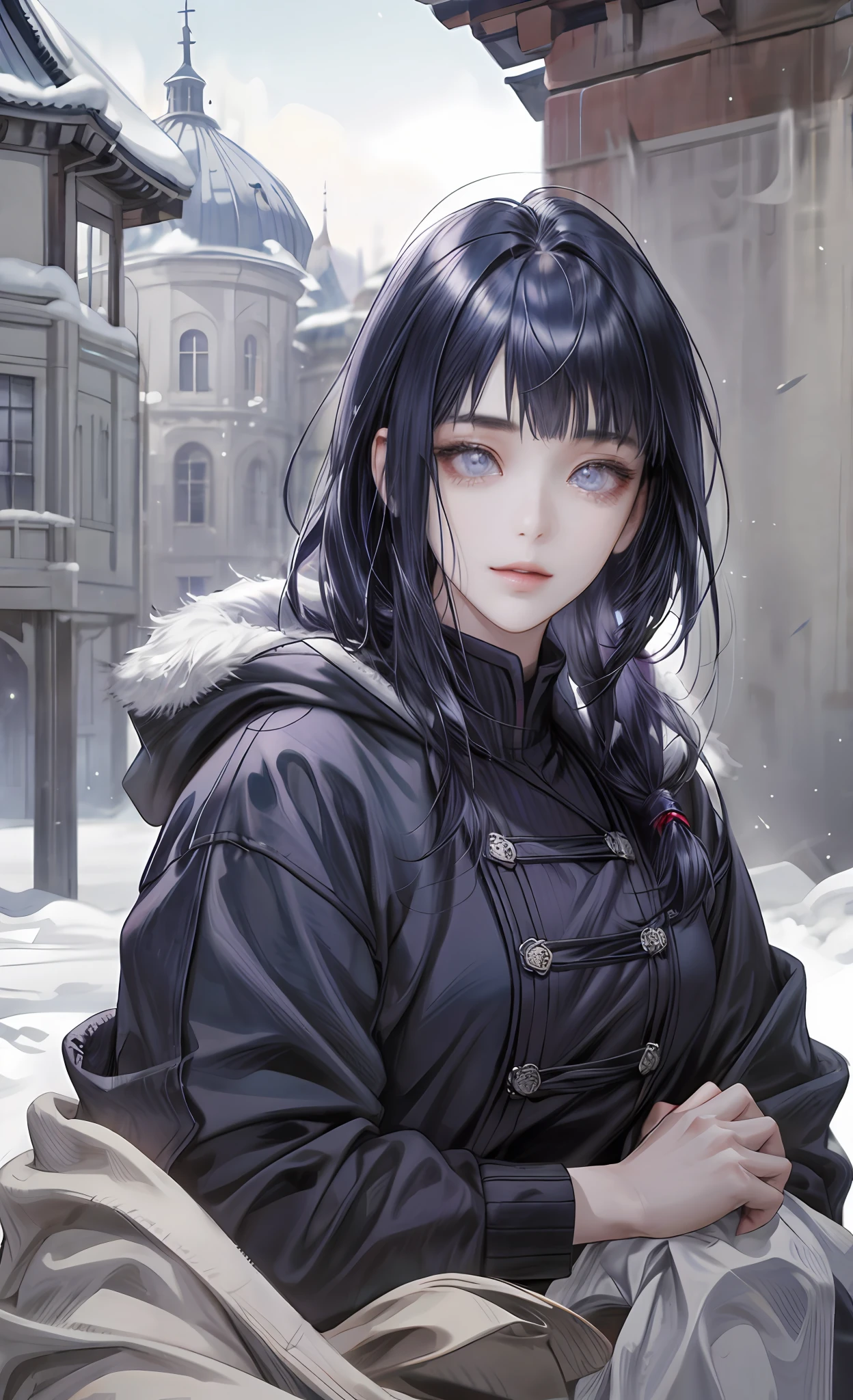 (Did We Really Love), (masterpiece, best quality), (photo realistic), (photograpy), (intricate detail, Detailed Face), high-resolution, HDR, 1girl, solo focus, 20 years old sexy korean girl,
front view, looking at viewer,
Light smile,
Dark blue hair, purple eyes, blunt bangs
variety of hairstyles,
High teen style,
Winter, winter coat,
snowy outdoors Background,
Medium breasts:0.1,
wide hip:0.4, hinata/(boruto/)