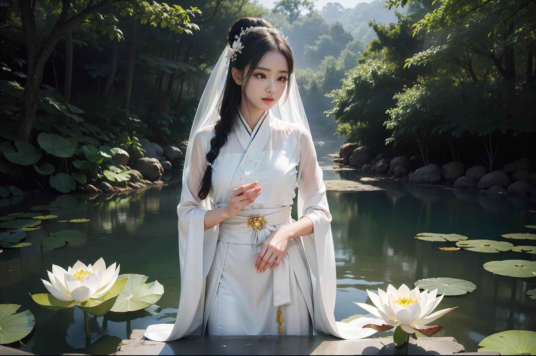 realistic, big vista, wide-angle lens, intricate details, super detailed, natural skin texture, 1 girl, hair bundle, bun, beautiful chinese woman in white hanfu robe cloak, fairy, white mist, golden light, white mist, outdoors, on the shore of Hangzhou West Lake, next to the lotus pond, (colorful, vivid, sunny, cool light: 1.2) lotus leaves in the pond, delicate facial details, dynamic poses, exquisite details, wide view, epic details, global illumination - ar 3:2 - q 5 - V 5.1 - Style RAW-S 750, style influenced by ancient Chinese art, complex, high detail, sharp focus, dramatic, photorealistic painting art, lotus leaf, spring rain, bright, light, atmospheric, bright tones of spring, super detail, 16k, best quality, soft light, space, crystal clear, natural light, surreal photography,