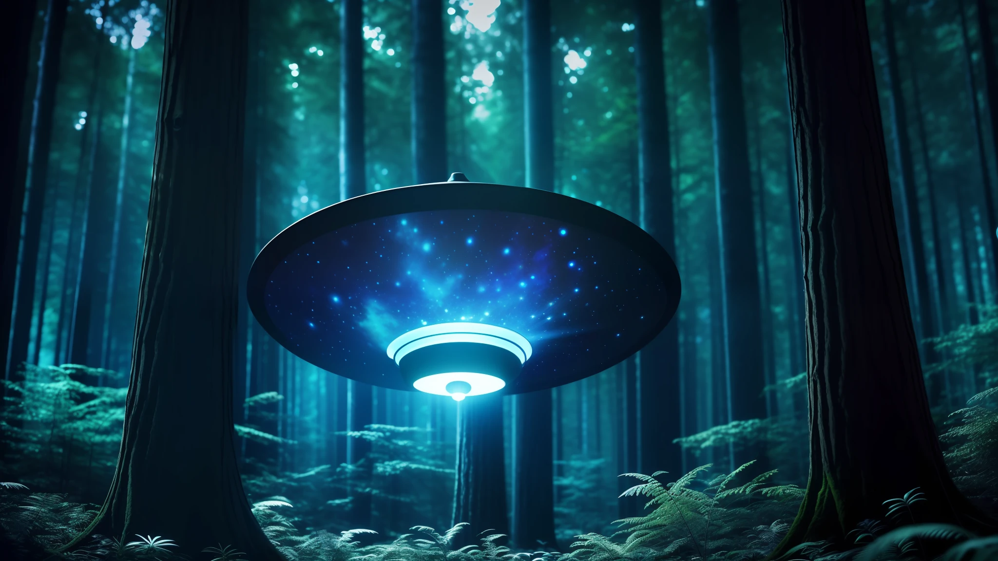 A glowing flying saucer in a blue forest at night, chiaroscuro, hyperrealism, luminism, HD, very detailed, 4k, 8k, shot on a Nikon Z7 II and Nikon NIKKOR Z 105mm f/2.8 VR S, best quality, detailed face, detailed eyes, detailed pupils, detailed clothes and features, clear background