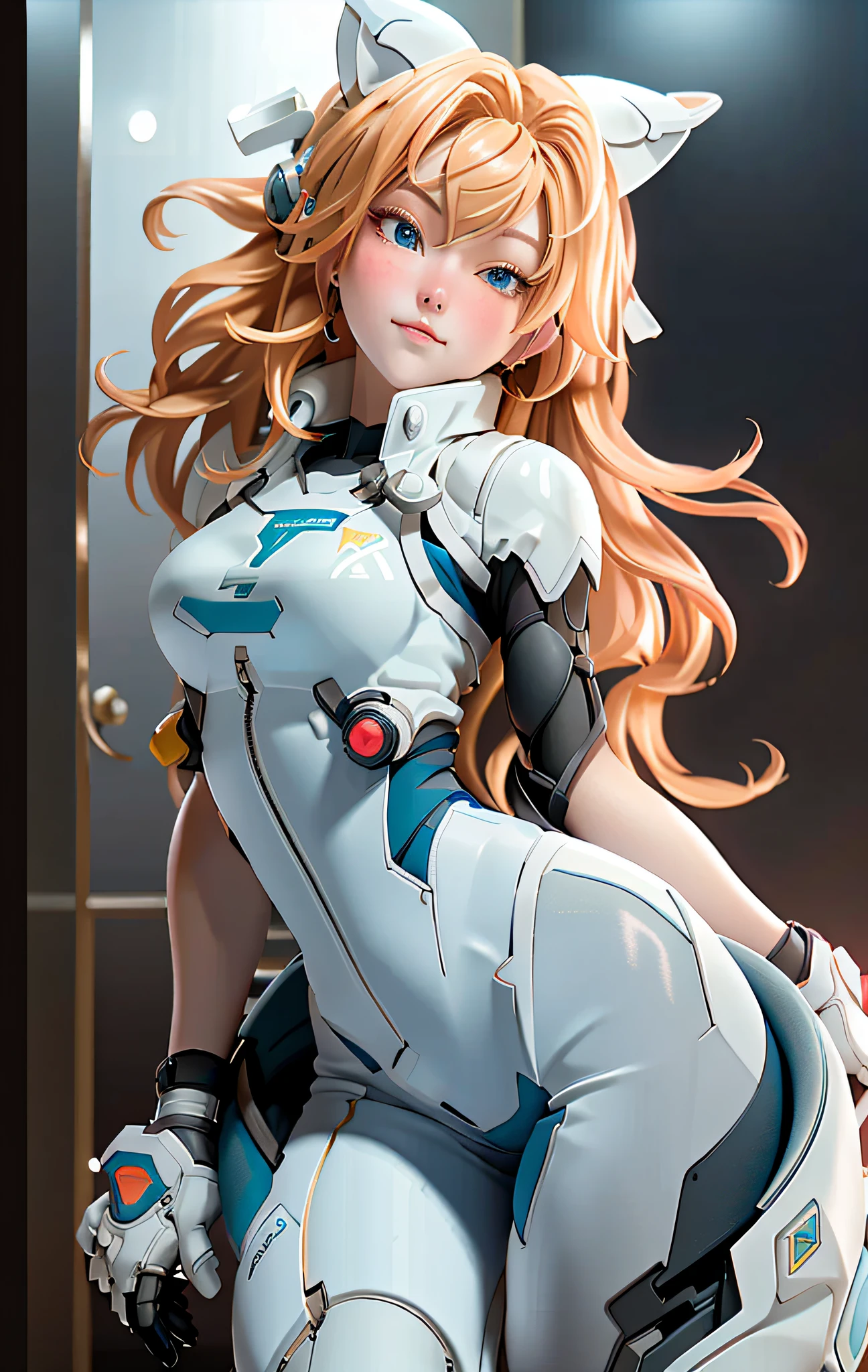 (Overhead view),dynamic angle,ultra-detailed, illustration, close-up, straight on, 1girl, ((souryuu asuka langley, interface headset, red bodysuit:1.4, blonde)),Her eyes shone like dreamy stars,(glowing eyes:1.233),(beautiful and detailed eyes:1.1),(expressionless,closed mouth),(standing), (mechanic room with toolsand spaceship windowin a white SPACESHIP), (night:1.2),dreamy, [[delicate fingers and hands:0.55]::0.85],(detail fingers),