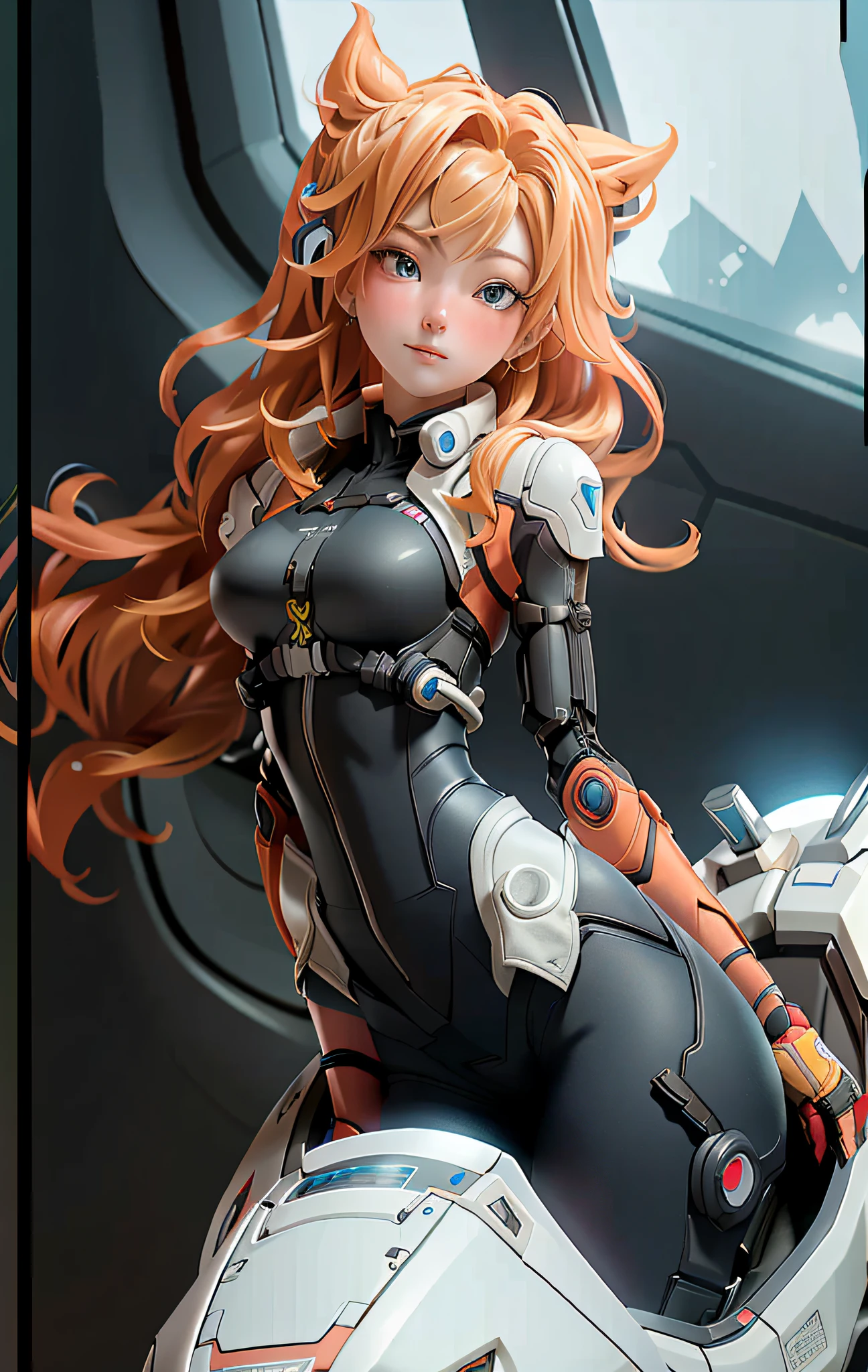 (Overhead view),dynamic angle,ultra-detailed, illustration, close-up, straight on, 1girl, ((souryuu asuka langley, interface headset, red bodysuit:1.4, blonde)),Her eyes shone like dreamy stars,(glowing eyes:1.233),(beautiful and detailed eyes:1.1),(expressionless,closed mouth),(standing), (mechanic room with toolsand spaceship windowin a white SPACESHIP), (night:1.2),dreamy, [[delicate fingers and hands:0.55]::0.85],(detail fingers),