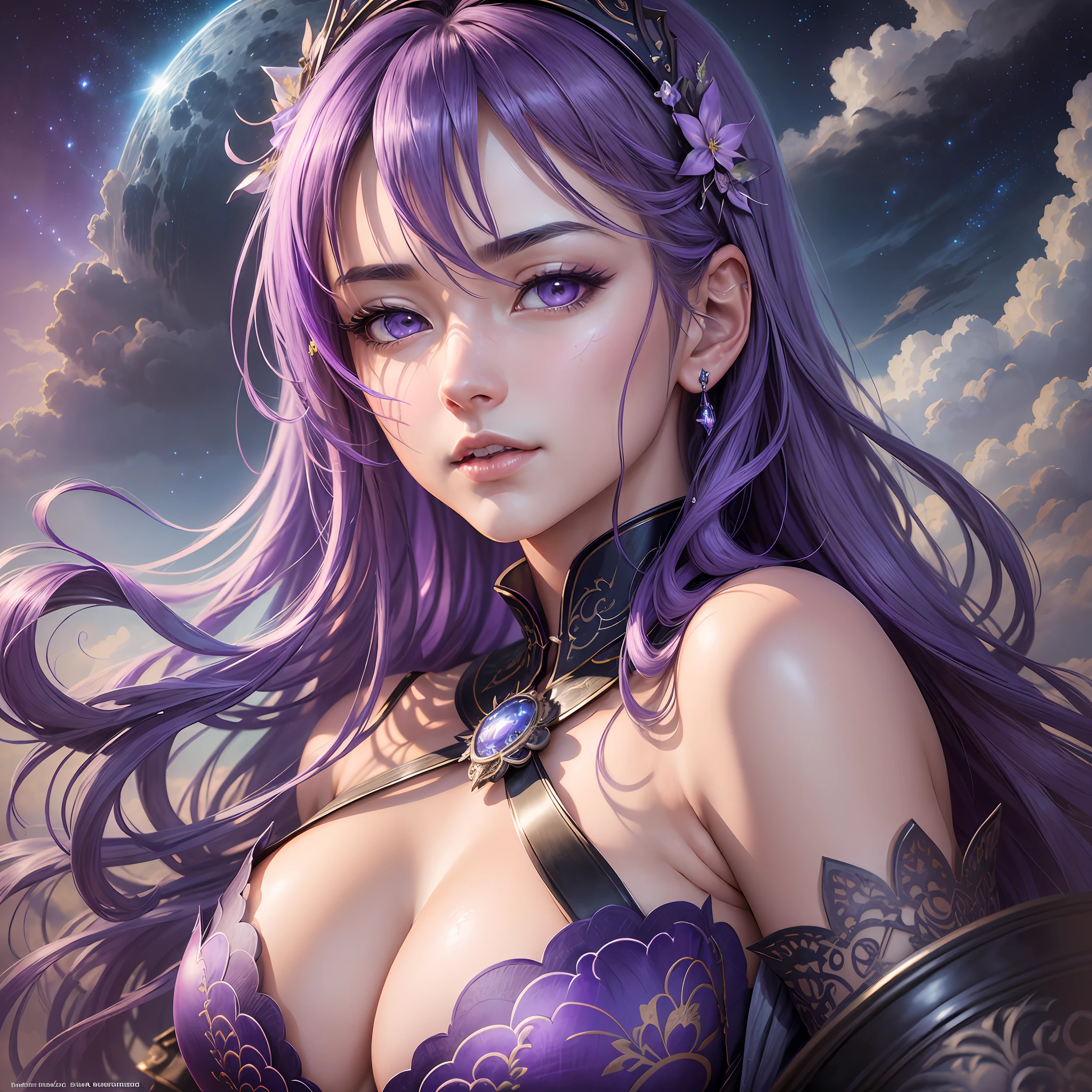 Ultra-realistic 8k CG, masterpiece, ((ultra-detailed background, delicate pattern, intricate details)), best quality, very detailed face, extremely detailed eyes and face, extremely detailed eyes,((best quality)), ((masterpiece)), (detailed), genshin impact raiden shogun,, purple hair, long and loose hair, violet colored eyes, feminine beauty, purple and starry blue sky, (fantasy illustration:1.3), charming look, captivating pose, supernatural charm, mystical sky, (Luis Royo:1.2), (Isayama Hajime:1.1), moonlit night, soft colors, (detailed cloudy landscape:1.3), (high resolution:1.2), raiden shogun character genshim impact