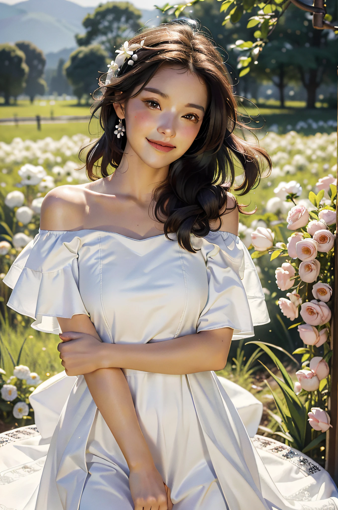 Best quality, masterpiece, ultra high res, (photorealistic:1.4), raw photo, 1girl, white dress, off shoulder, blossom flower field, glowing skin, light smile
