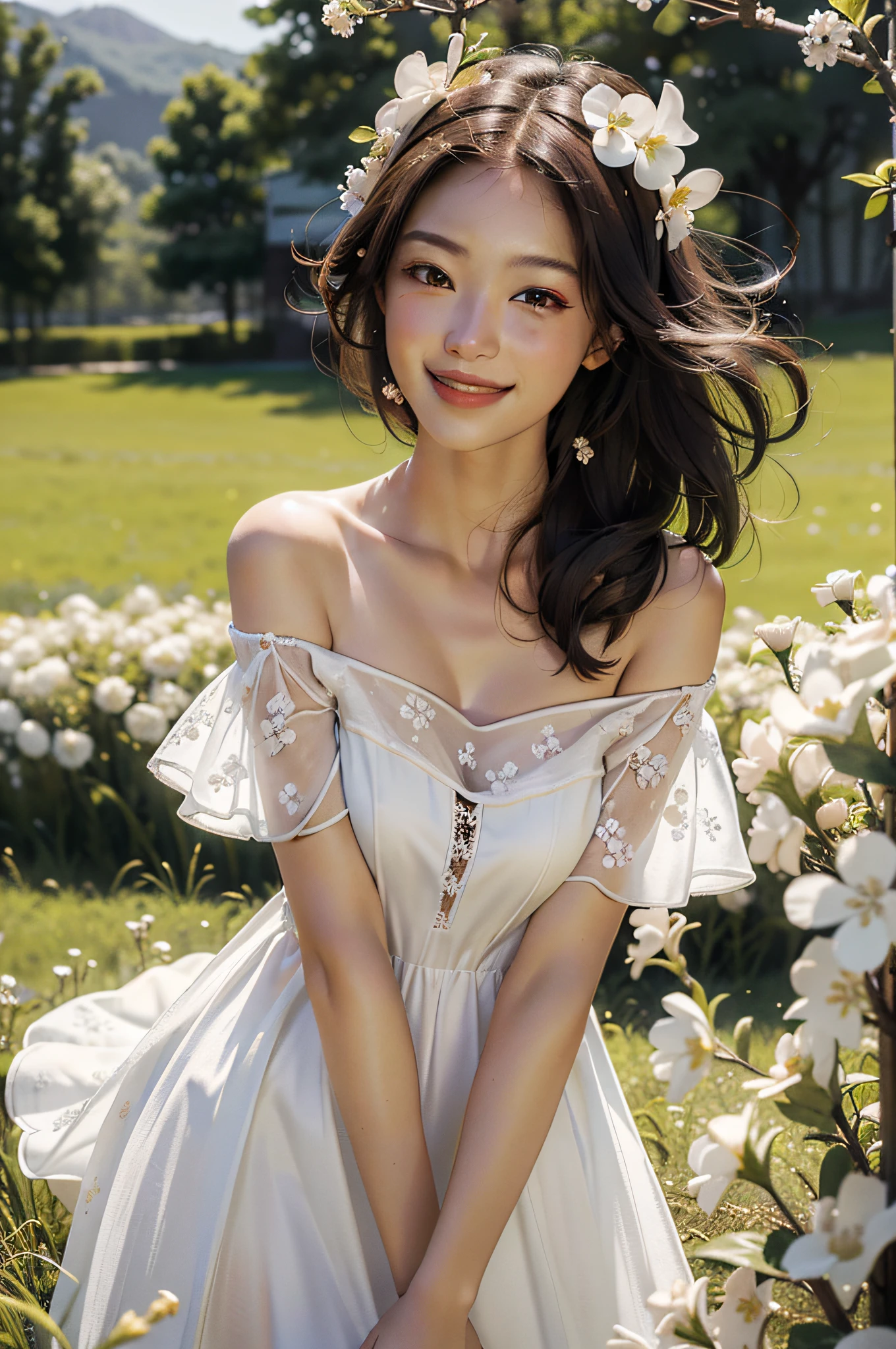 Best quality, masterpiece, ultra high res, (photorealistic:1.4), raw photo, 1girl, white dress, off shoulder, blossom flower field, glowing skin, light smile