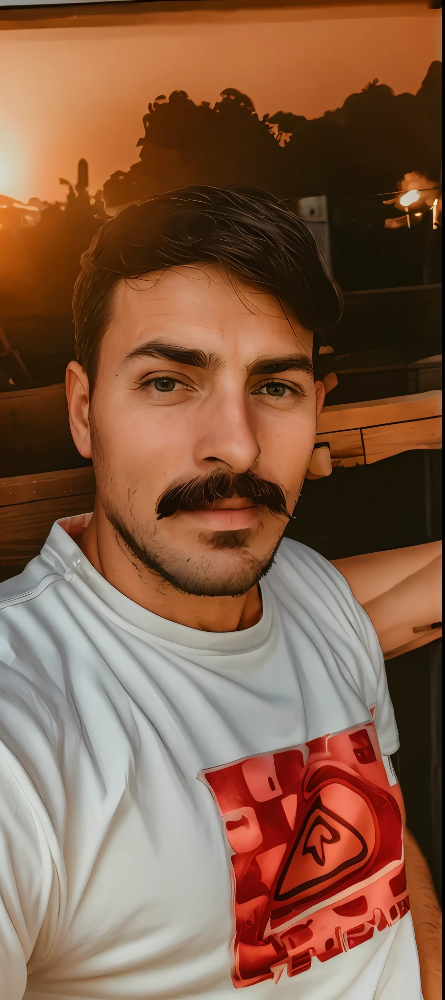 There is a man with mustache and red shirt, 29 year old man, ( 29 years old), high quality image, 8k selfie photography