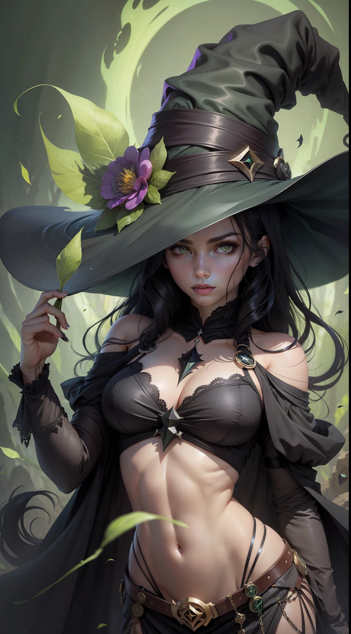 A mysterious and powerful witch with black hair and green eyes.