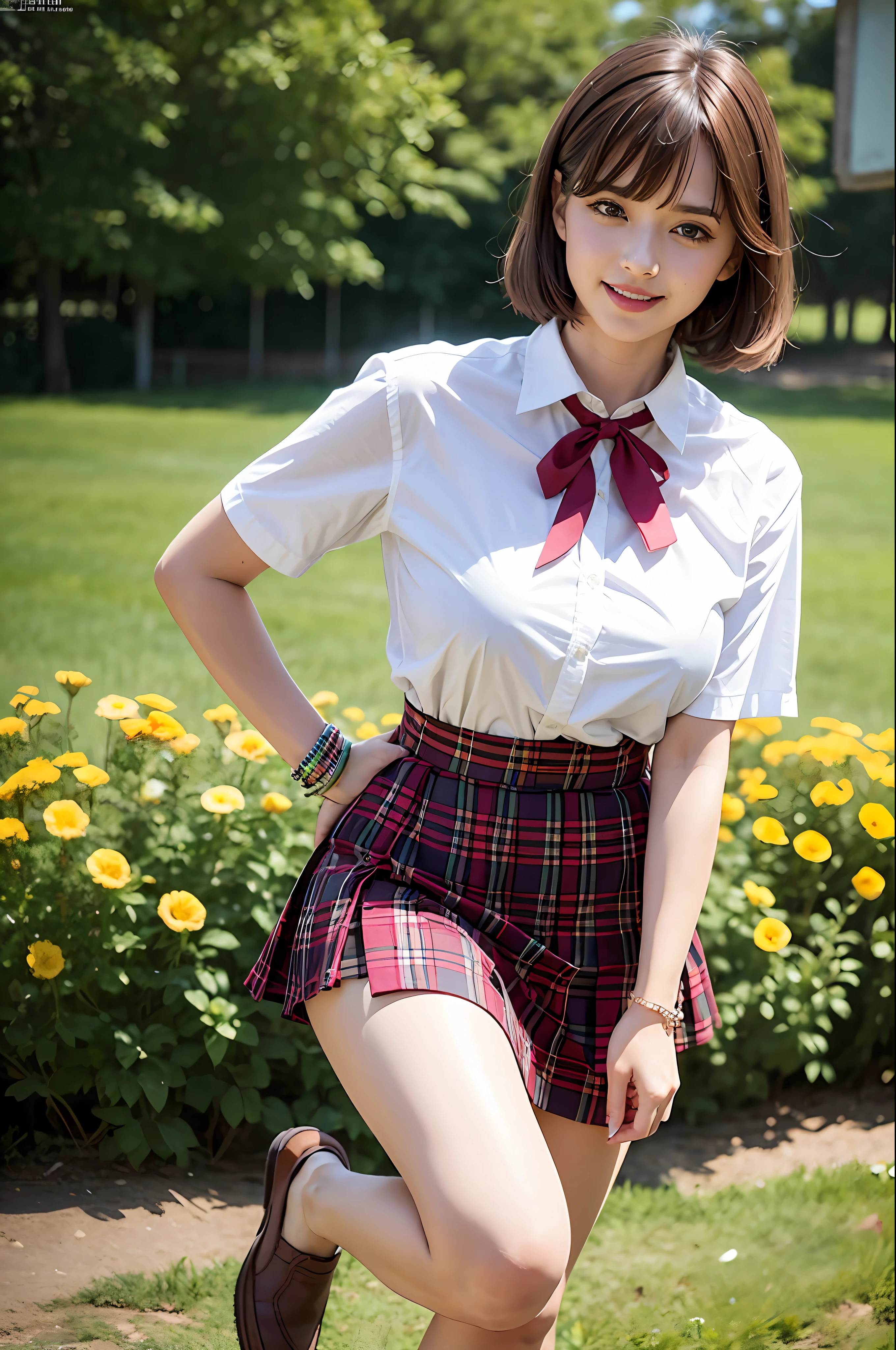 nsfw, 8K raw photo, best quality, masterpiece, super high resolution, film grain, film, film, 1girl, looking at the audience, natural skin texture, realistic eye and face details, full lips, lipstick, (makeup), red eye shadow, fluffy short hair, messy hair, smile, shut up, beautiful legs, tall woman, thin, slim_legs, solo, huge breasts, miniskirt, shirt, beautiful nature location, position of flowers around, (detailed background), plaid skirt, White shirt, huge breasts, show a little through the shirt, loafers, blurred background, blur, hold, plaid , short sleeves, jk ribbon at neck, jk ribbon, brown hair, bracelet, water, bangs, school uniform, jewelry, parted lips, lips, from front, pleated skirt, depth of field