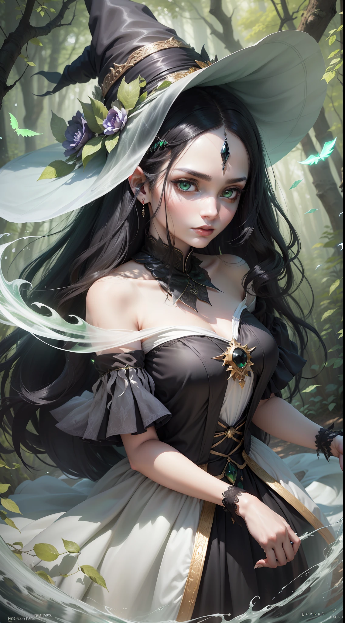"A mysterious and potent witch with black hair and green eyes, clad in a flowing white dress, is seen levitating above an enchanted forest surrounded by magical energy. (witch:1.5), (black hair:1.1), (green eyes:1.1), (white dress:1.1), (floating:1.2), (enchanted forest:1.3), (magical power:1.2)"