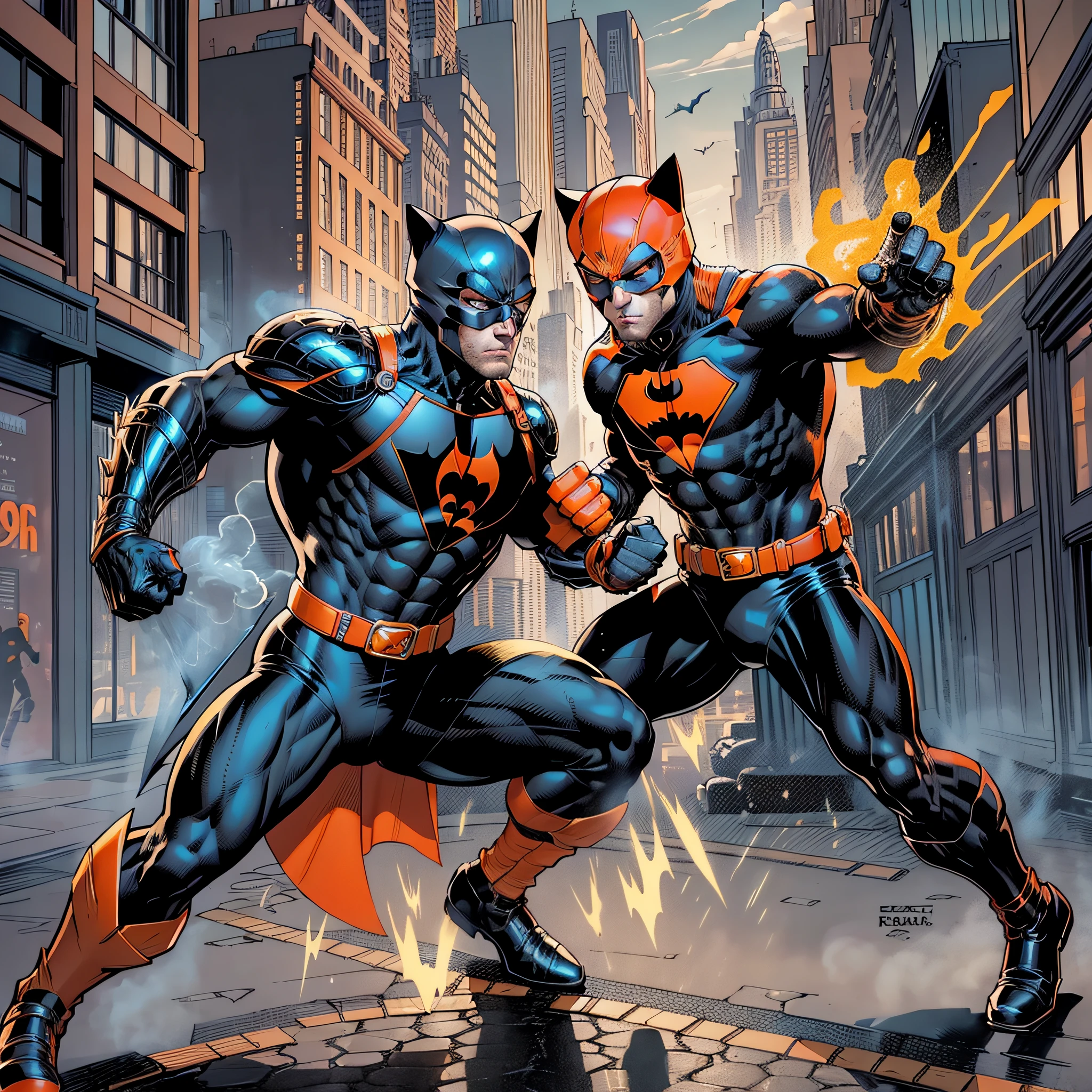 https://www.seaart.ai/explore/detail/cid258h4msb1golm5g1g:: https://www.seaart.ai/explore/detail/cid25q94msb1golm665g:: marge character1,handsome young man of 22 years,orange mask with feline ear,orange brusa,black long sleeves,orange glove,orange belt,black pants,orange boot,super hero,full body,reference sheet, fighting && character2,bandit,whole body, wearing black mask, black brusa, gray pants.jpg && character 1 and character 2 fighting in the city