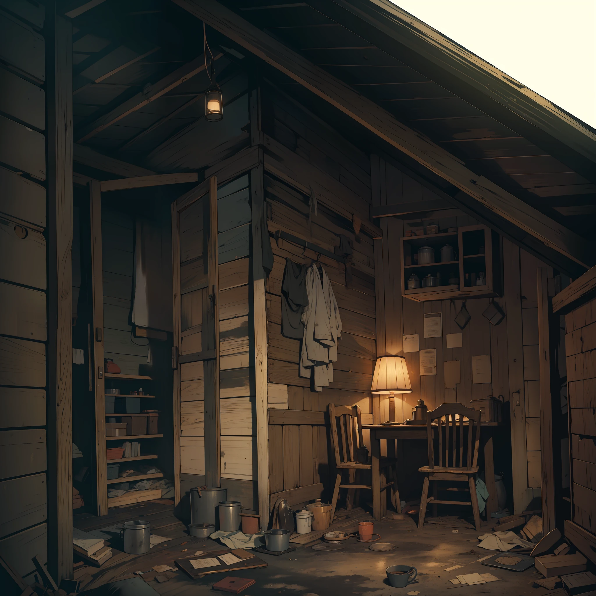 Cabin, dirty, messy, dark, night, inside