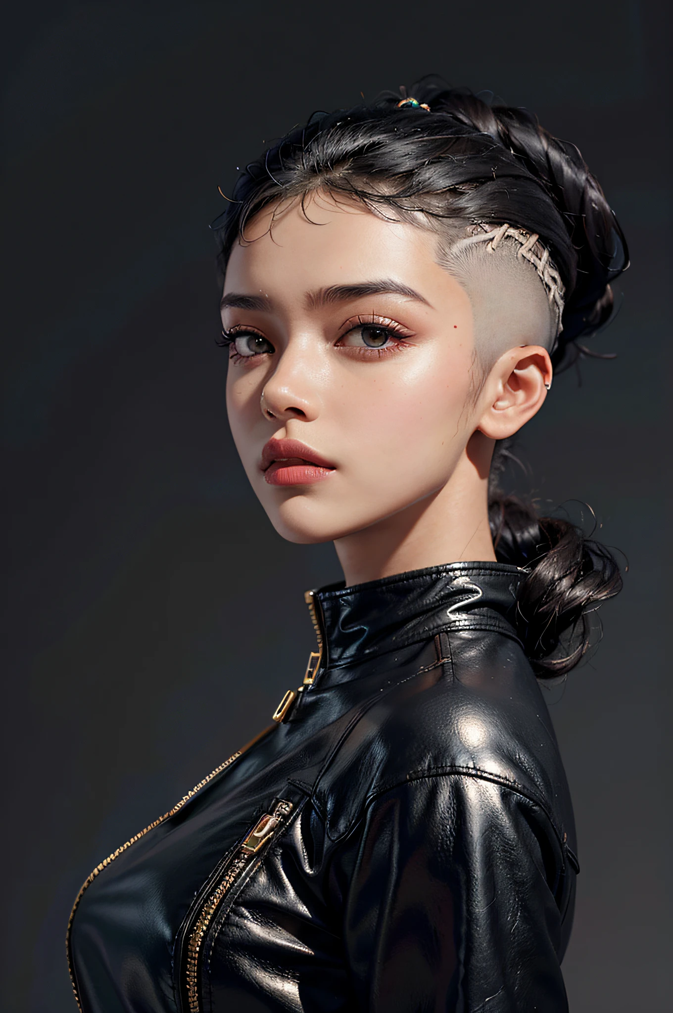 a 30 yo woman,(hi-top fade:1.3),long hair,dark theme, soothing tones, muted colors, high contrast, (natural skin texture, hyperrealism, soft light, sharp),