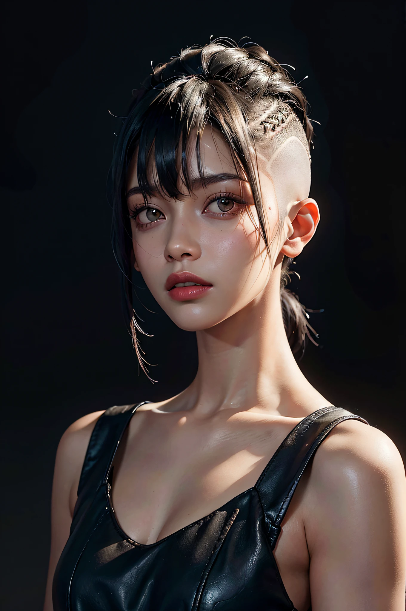 a 30 yo woman,(hi-top fade:1.3),long hair,dark theme, soothing tones, muted colors, high contrast, (natural skin texture, hyperrealism, soft light, sharp),