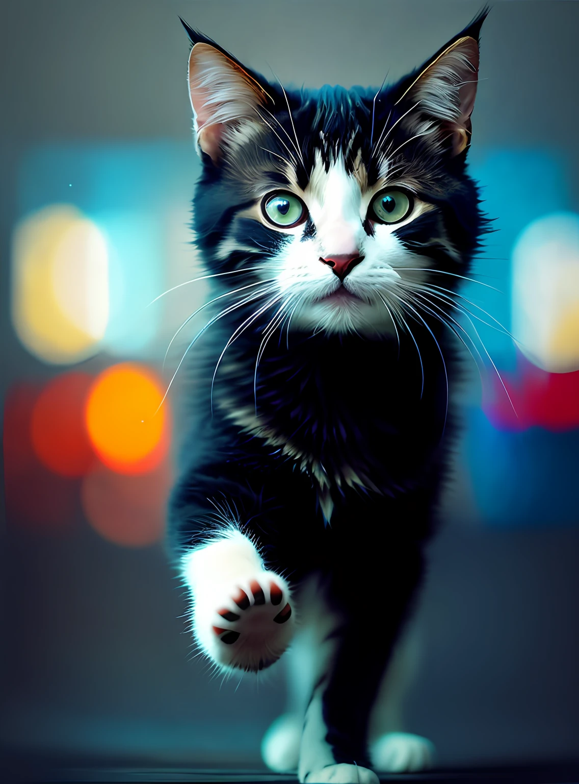 (saturation), full body, walking pose, slow motion, funny happy very cute little kitten, jumping, playing, moving, Alessandro Casagrande, Greg Rutkowski, Sally Mann, concept art, 4k), (colorful), (high sharpness ), ((detailed pupils)), blue eyes, ((painting:1.1)), (digital painting:1.1), detailed face and eyes, Masterpiece, best quality, highly detailed photo:1, 8k, detailed face, photorealistic, By Jeremy Mann, Sandra Chevrier, Maciej Kuchara