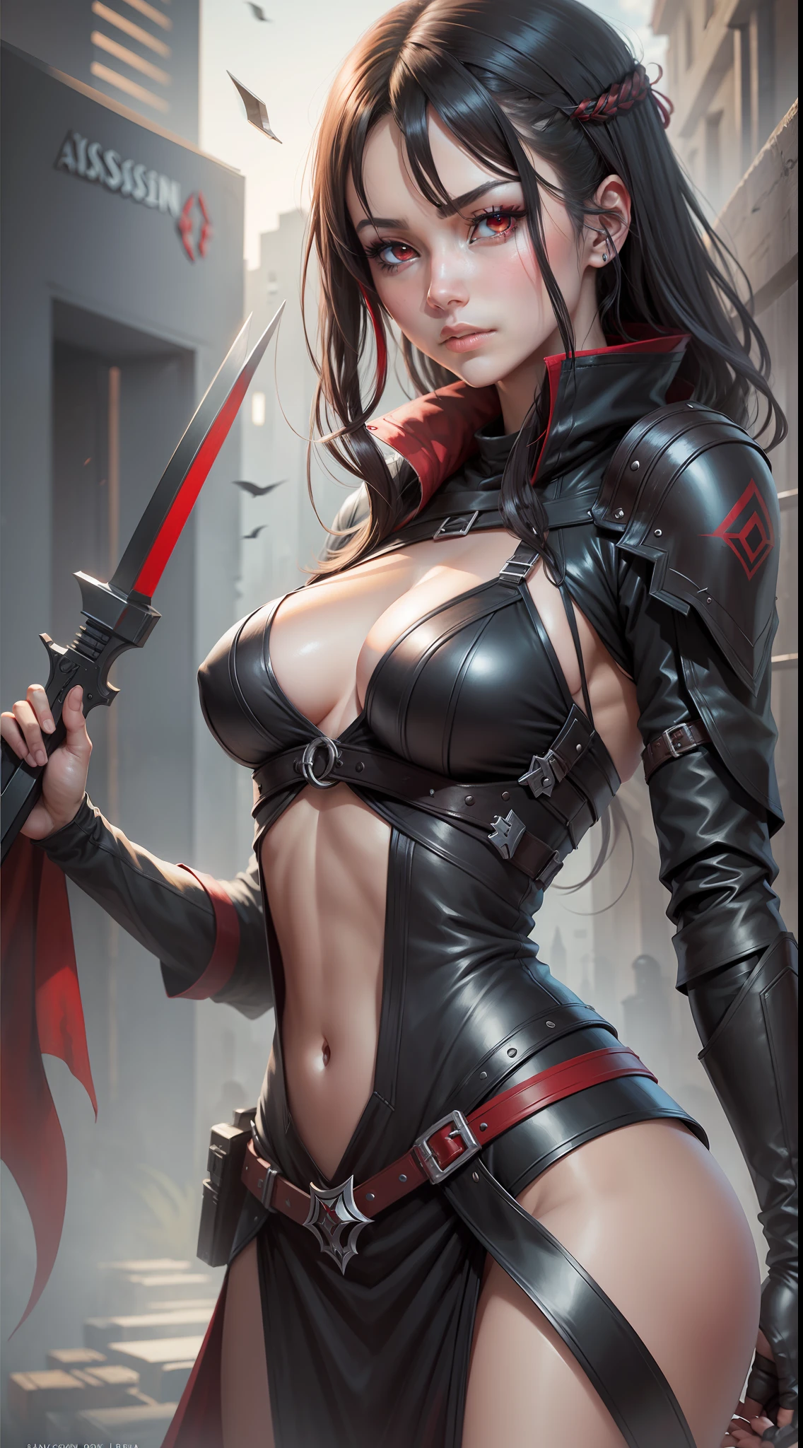 A mysterious assassin with dark hair and red eyes