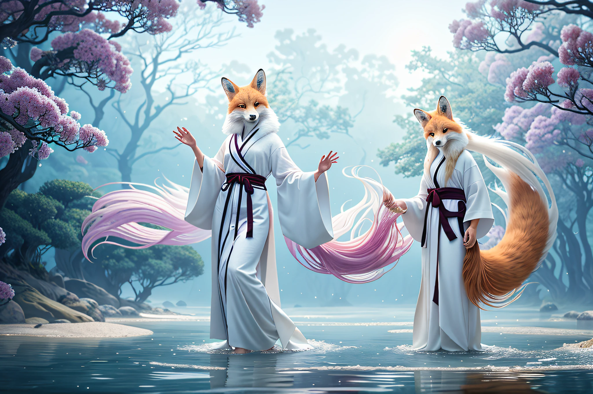 a beautiful and ethereal fox spirit dressed in a flowing white Chinese robe. The image captures the fox spirit standing gracefully on the water's surface, surrounded by white clouds and mist that lend an otherworldly quality to the scene. The fox spirit's long white hair and robes are swept up by the wind, adding movement and fluidity to the image. Use Midjourney's advanced brush tools to create intricate folds and textures in the fox spirit's robes and hair, and experiment with different color palettes and brush strokes to bring out the ethereal quality of the scene. The fox spirit's beauty is further enhanced by the way her image is sometimes obscured by the surrounding mist, giving the scene a sense of mystery and enchantment. With Midjourney's powerful tools, you can bring this captivating and ethereal scene to life with incredible detail and beauty. hdr, (photorealism, masterpiece quality, best quality), , pureerosface_v1,ulzzang-6500-v1.1,