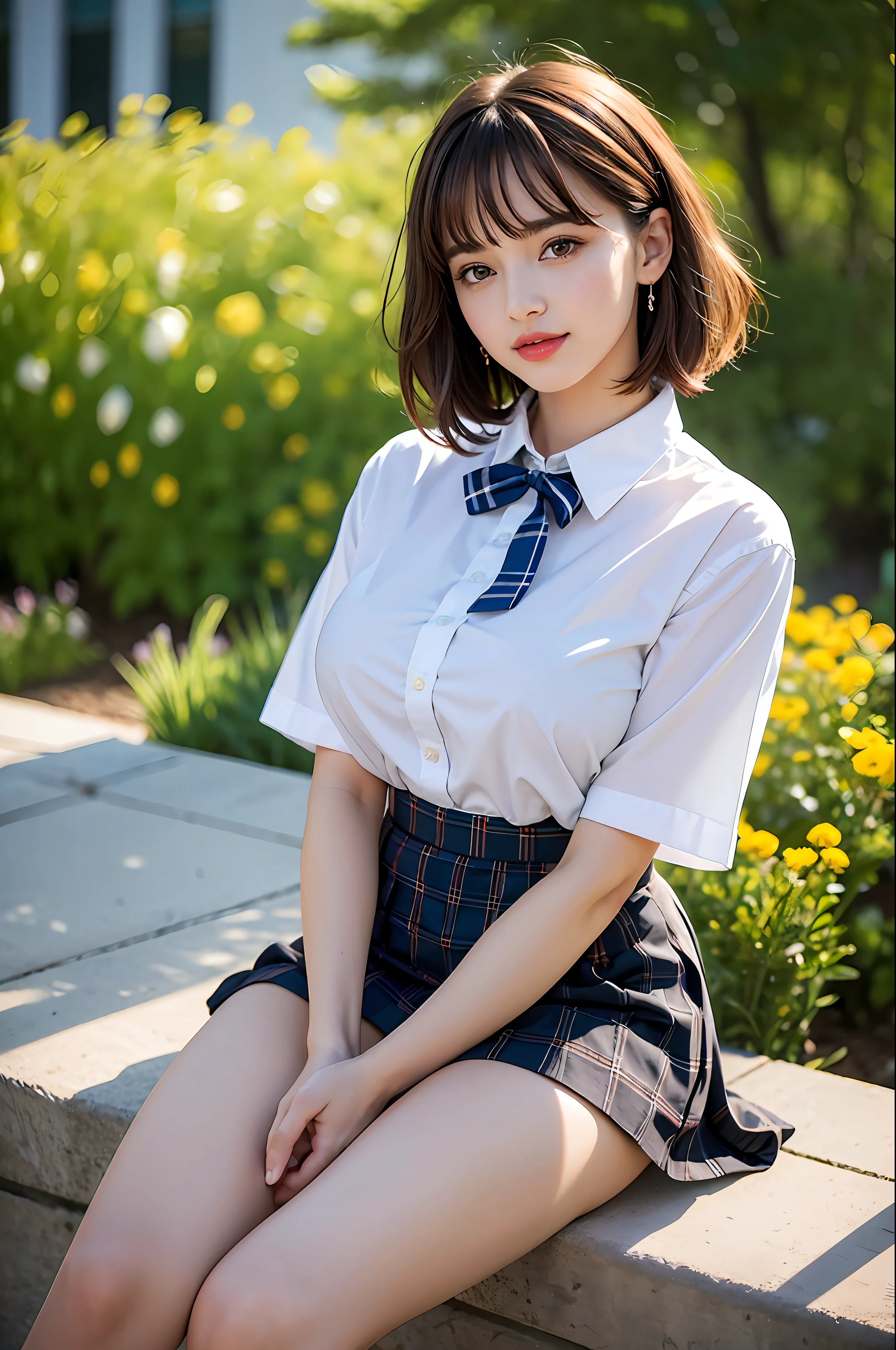 nsfw, 8K raw photo, best quality, masterpiece, super high resolution, film grain, film, film, 1girl, looking at the audience, natural skin texture, realistic eye and face details, full lips, lipstick, (makeup), red eye shadow, fluffy short hair, messy hair, smile, shut up, beautiful legs, tall woman, thin, slim_legs, solo, huge breasts, miniskirt, shirt, beautiful nature location, position of flowers around, (detailed background), plaid skirt, White shirt, huge breasts, show a little through the shirt, loafers, blurred background, blur, hold, plaid , short sleeves, jk ribbon at neck, jk ribbon, brown hair, bracelet, water, bangs, school uniform, jewelry, parted lips, lips, from front, pleated skirt, depth of field