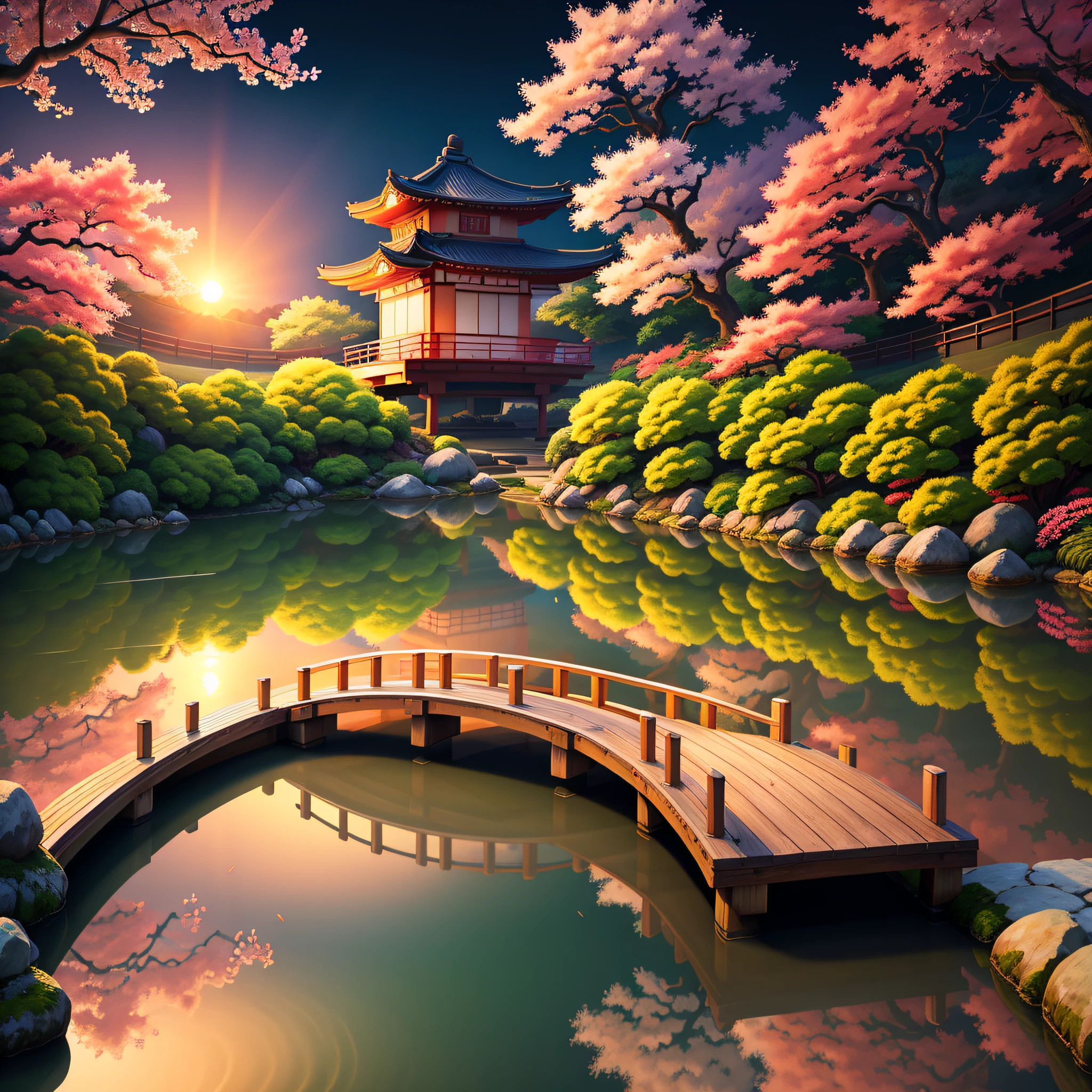 (digital painting),(best quality), serene Japanese garden, cherry blossoms in full bloom, koi pond, footbridge, pagoda, Ukiyo-e art style, Hokusai inspiration, Deviant Art popular, 8k ultra-realistic, pastel color scheme, soft lighting, golden hour, tranquil atmosphere, landscape orientation