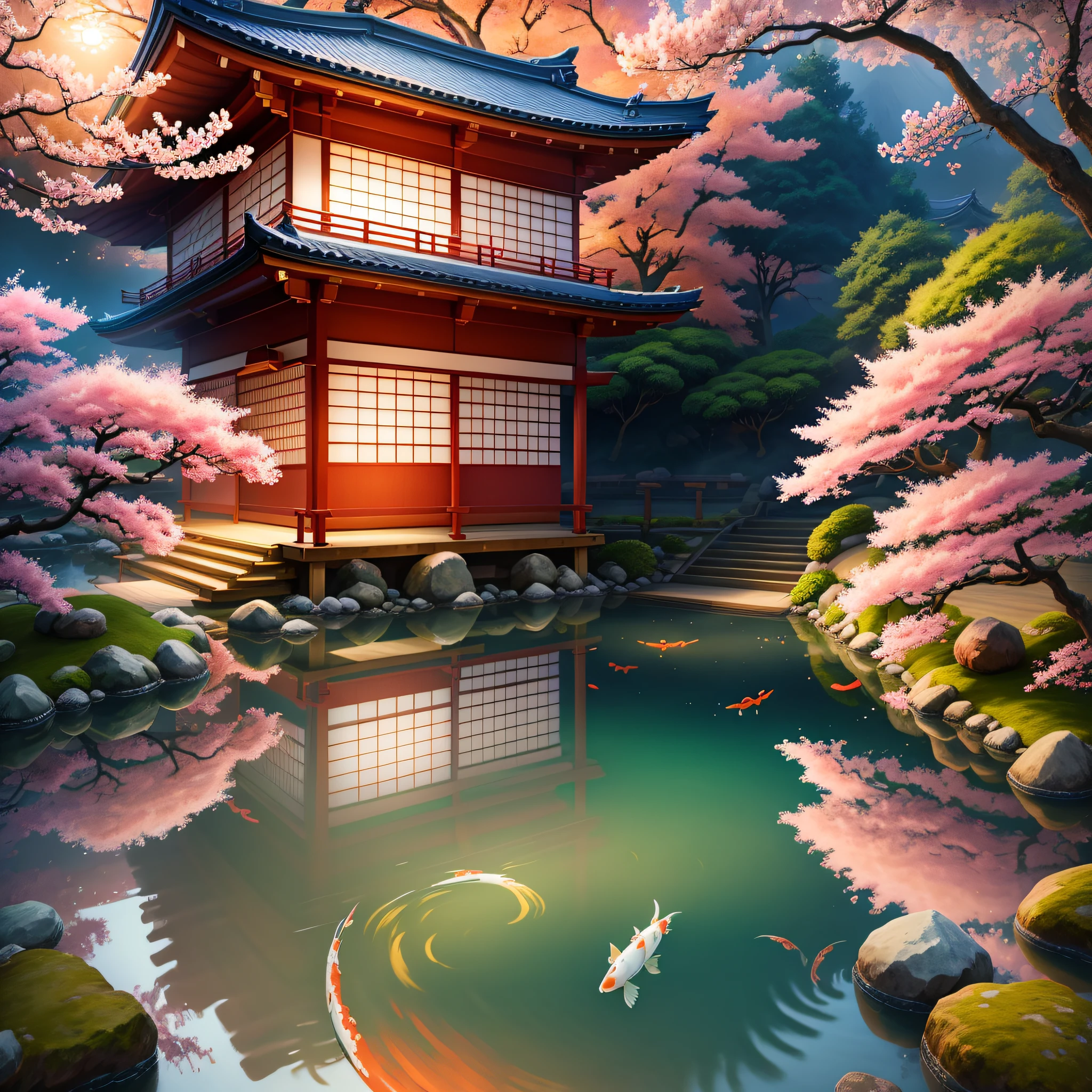 (digital painting),(best quality), serene Japanese garden, cherry blossoms in full bloom, koi pond, footbridge, pagoda, Ukiyo-e art style, Hokusai inspiration, Deviant Art popular, 8k ultra-realistic, pastel color scheme, soft lighting, golden hour, tranquil atmosphere, landscape orientation