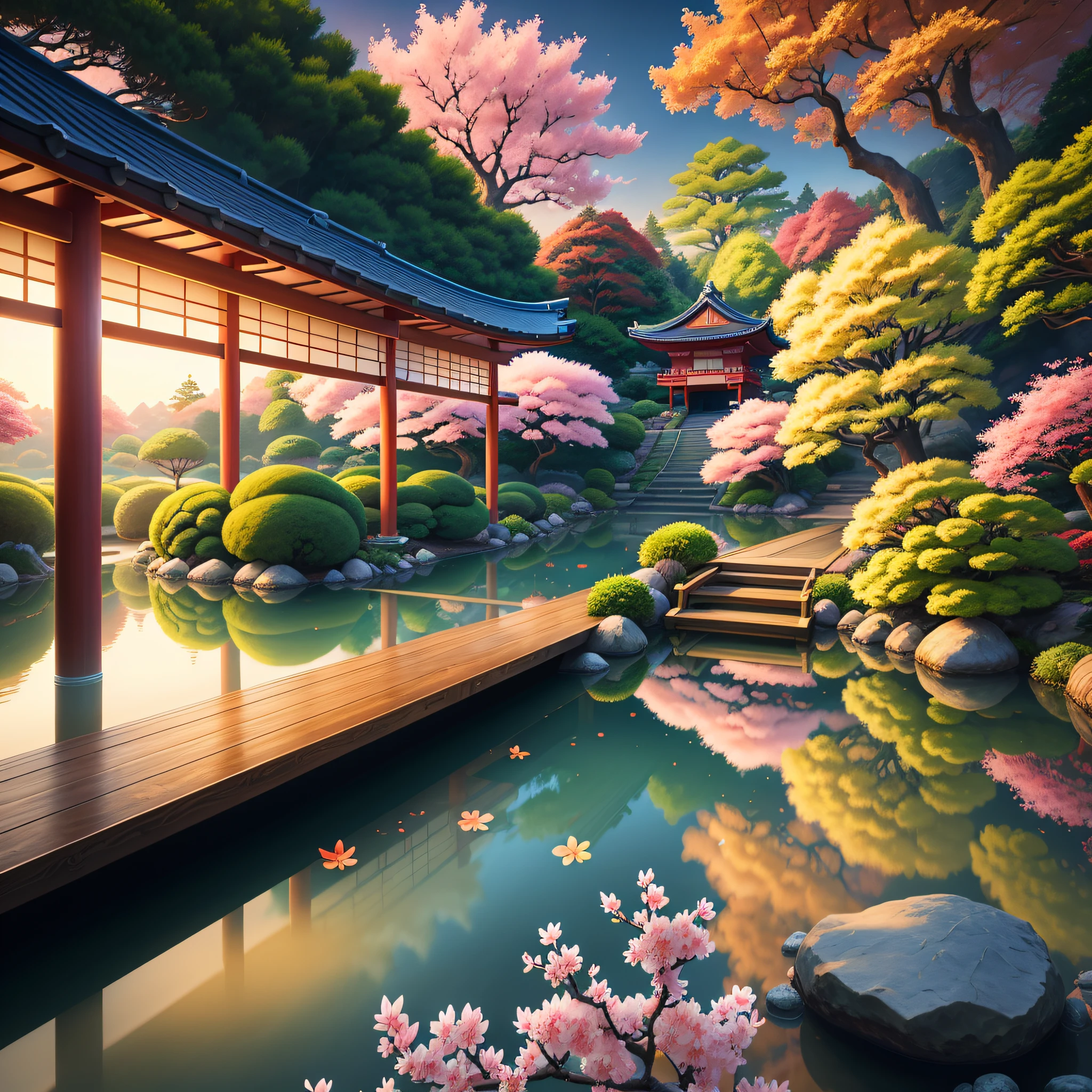 (digital painting),(best quality), serene Japanese garden, cherry blossoms in full bloom, koi pond, footbridge, pagoda, Ukiyo-e art style, Hokusai inspiration, Deviant Art popular, 8k ultra-realistic, pastel color scheme, soft lighting, golden hour, tranquil atmosphere, landscape orientation