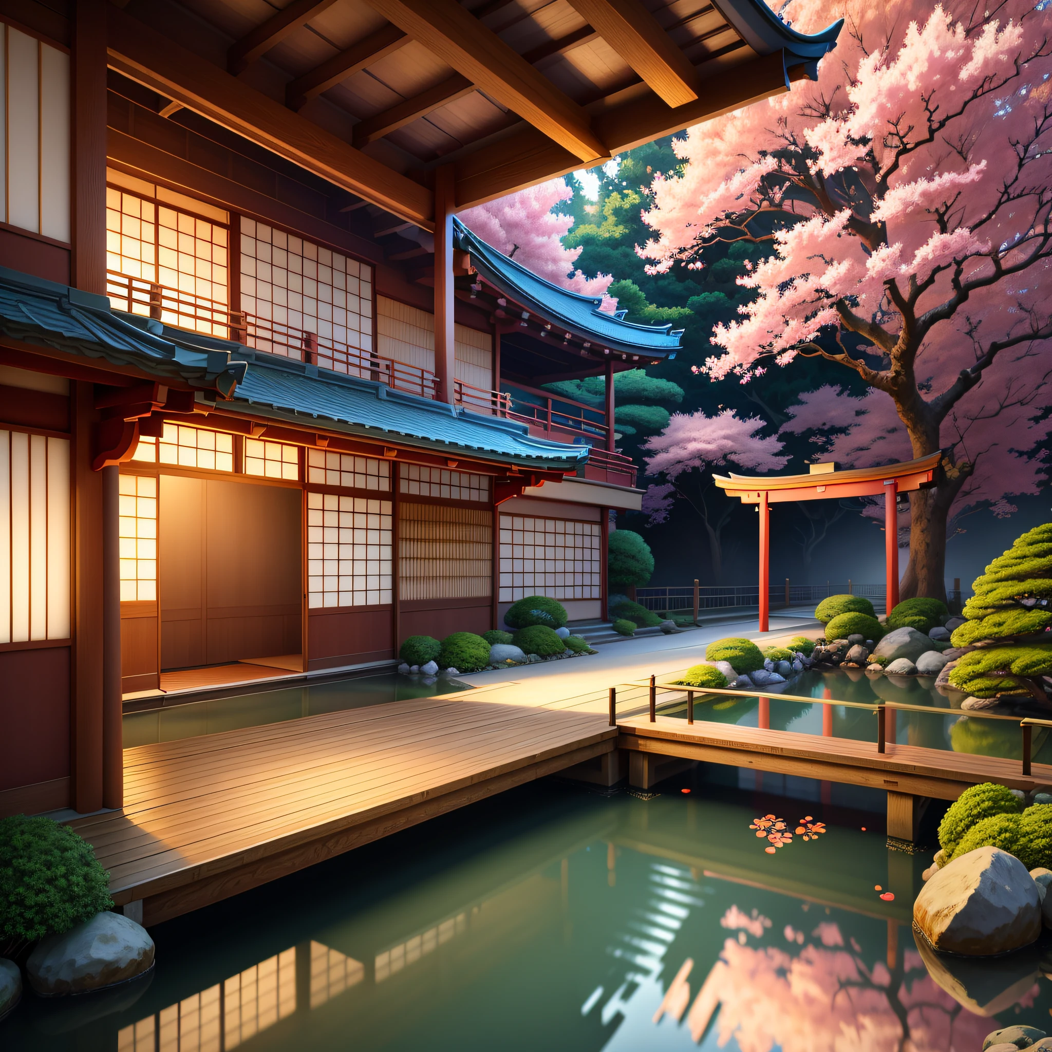 (digital painting),(best quality), serene Japanese garden, cherry blossoms in full bloom, koi pond, footbridge, pagoda, Ukiyo-e art style, Hokusai inspiration, Deviant Art popular, 8k ultra-realistic, pastel color scheme, soft lighting, golden hour, tranquil atmosphere, landscape orientation