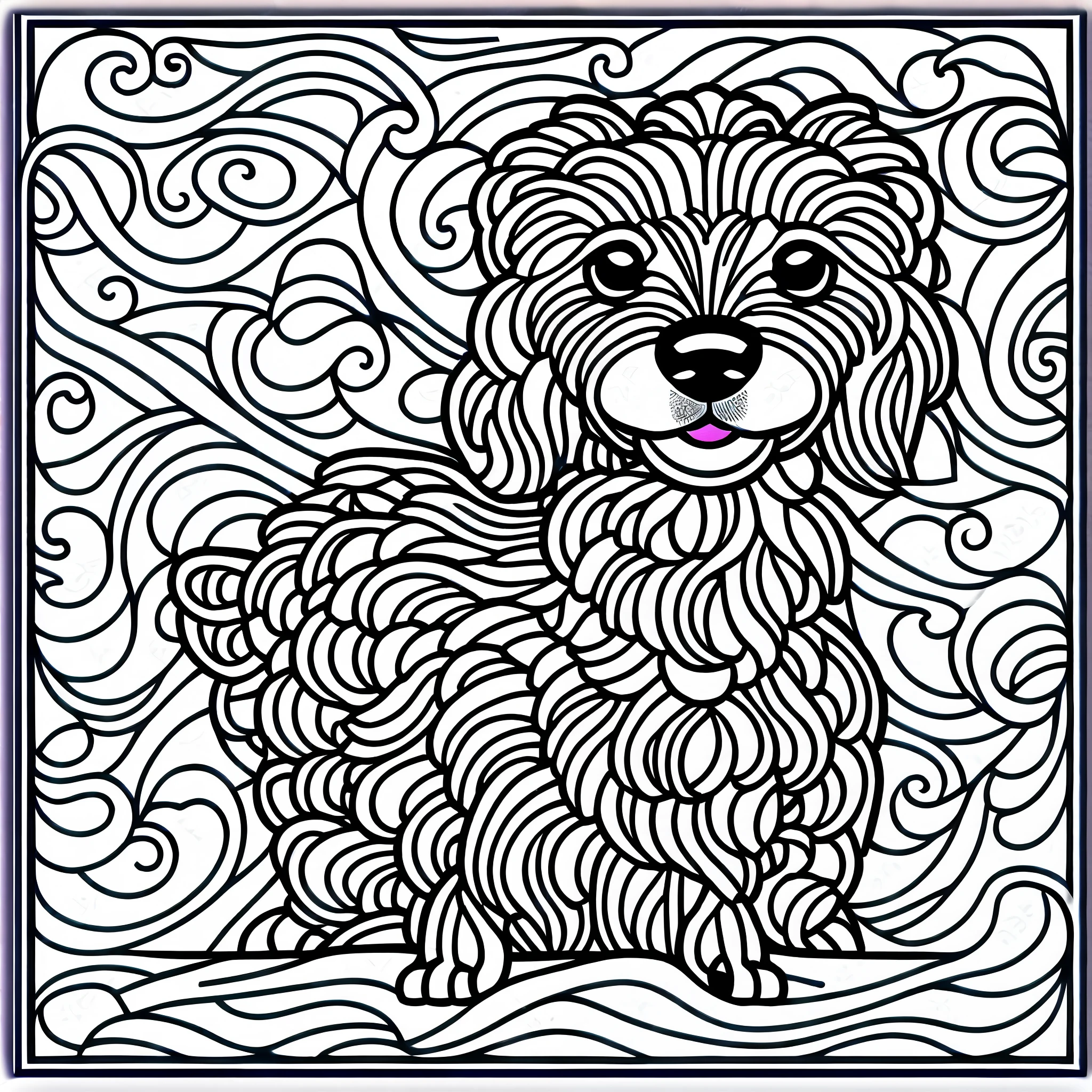 a dog style Poodle Toy, fantasy, magical, mystical, unusual, black and white, wavy lines, realistic line art drawing, coloring book page, no noise, sharp thick lines, contour art, centered image, isolated on a white background