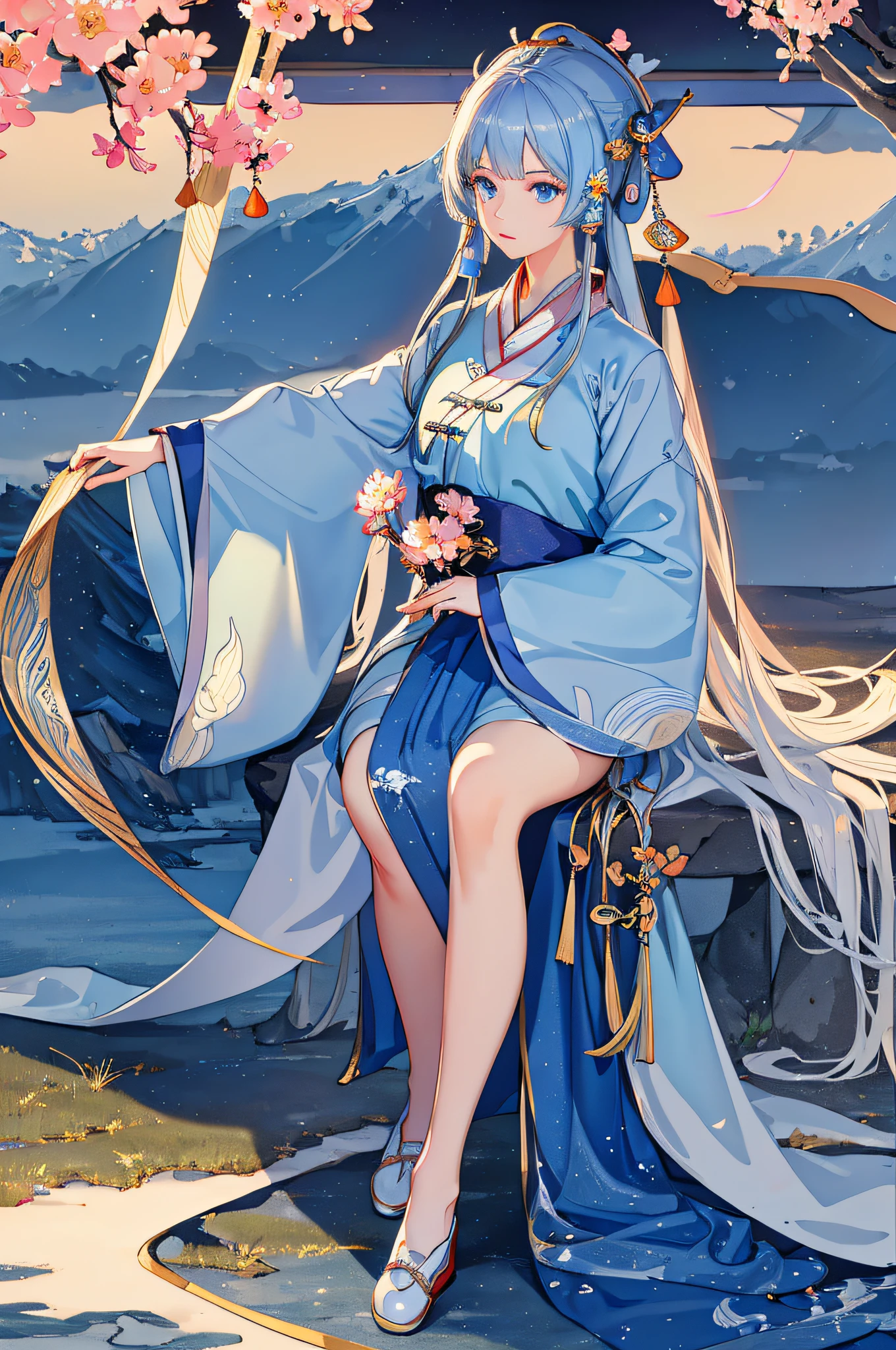 masterpiece, professional lighting, photon mapping, radiosity, physically-based rendering,1girl, full body,absurdres, highres, skyline, beautiful detailed sky, covered,(white hanfu, (tang style:1.3)),blue eyes,