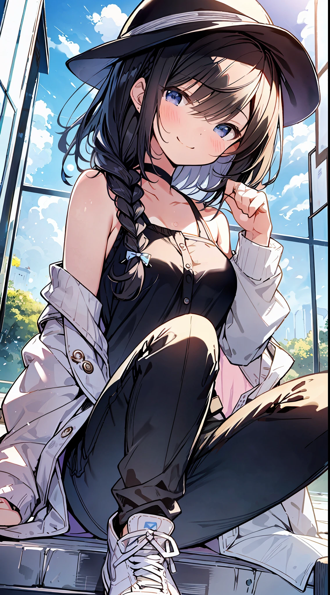 Top Quality, Masterpiece, Ultra High Definition, 8K, Summer Sky, Early Summer, (Pants, Sheer Cardigan, Sneakers), Shojo Manga Style Loli, One, Soft Line Art, Digital Enhancement, Shoujo Manga Touch, Shojo Manga Core, Flowing Fabric, Close Up, (Shoulder Length and Short Braid)), Wet Hair, Soft Drawing, Beautiful Black Hair, Clear Eyes, ((Teasing smile)) , Ultra-detailed digital anime art, clear face depiction, ultra-detailed shoujo manga character art, clear facial features, ultra-detailed manga style, top quality colors, hand gestures, landscape with nature, looking up at the sky, angle to see up to your feet, sit