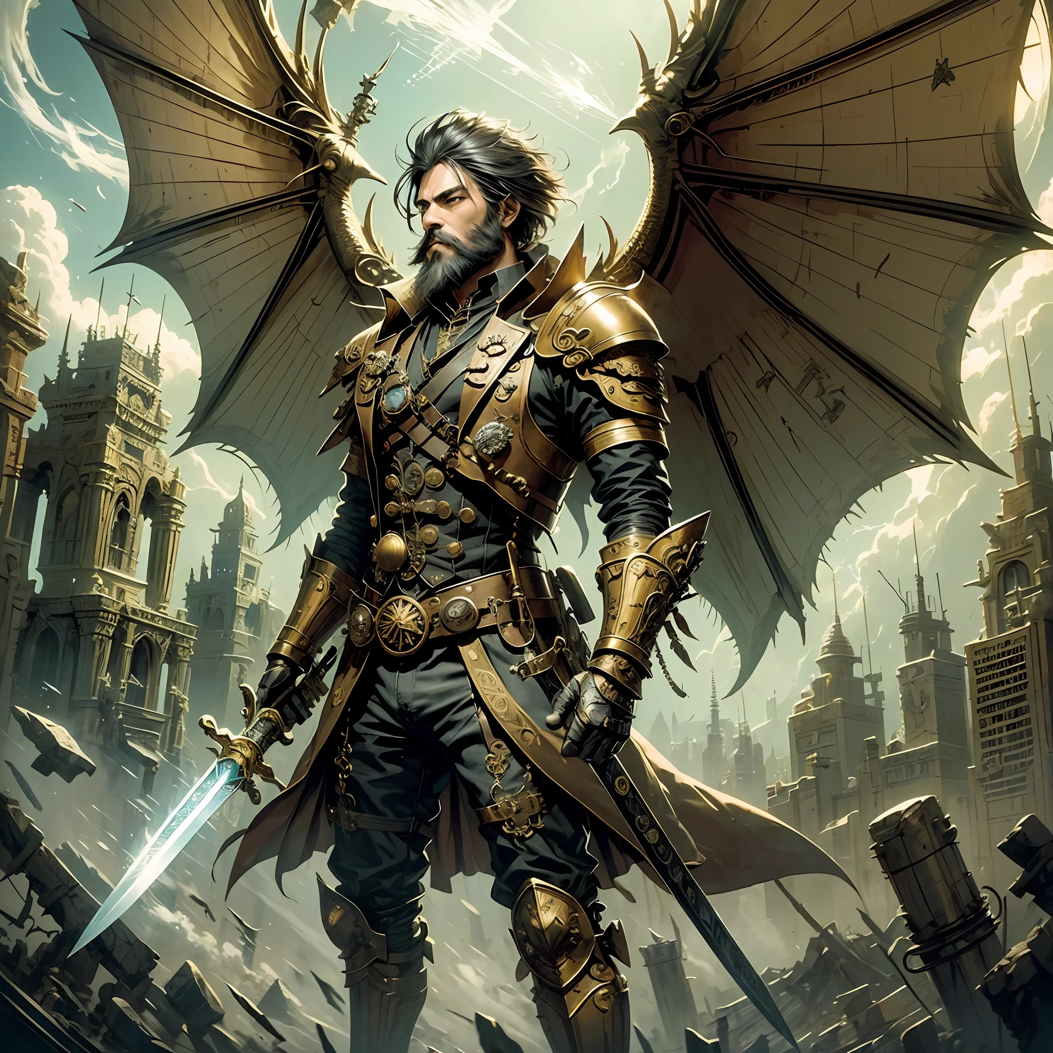 (Steampunk style, best quality) A strong magic swordsman with a beard, a magic sword in his hand, delicate gold armor, equipped with magic swordsman equipment, and dragon wings floating behind his back. The picture is full of steam from the mechanical age, and the background of the scene is the ruins of the sky city. --auto --s2