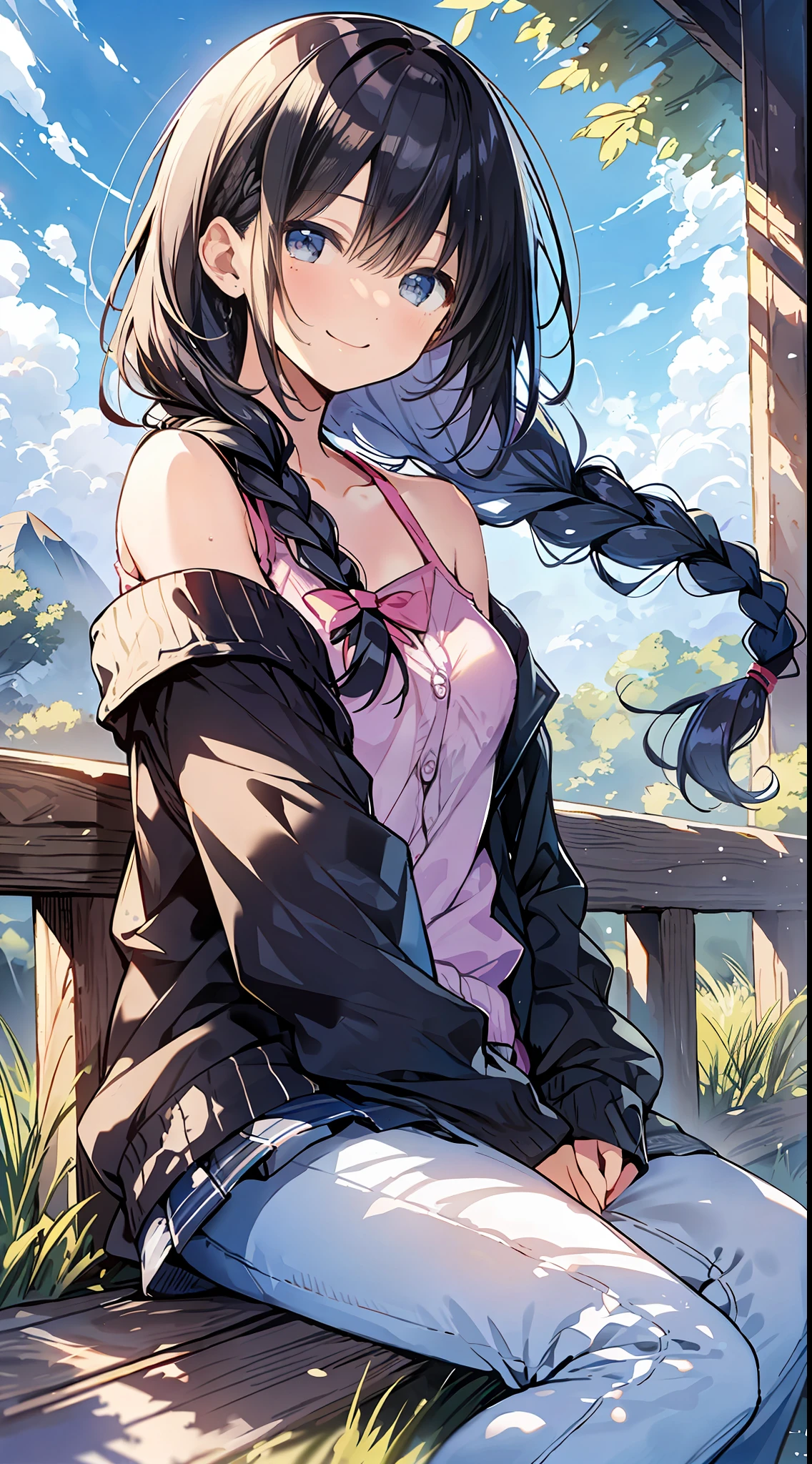 Top Quality, Masterpiece, Ultra High Definition, 8K, Summer Sky, Early Summer, (Pants, Sheer Cardigan, Sneakers), Shojo Manga Style , One, Soft Line Art, Digital Enhancement, Shoujo Manga Touch, Shojo Manga Core, Flowing Fabric, Close Up, (Shoulder Length and Short Braid)), Wet Hair, Soft Drawing, Beautiful Black Hair, Clear Eyes, ((Teasing smile)) , Ultra-detailed digital anime art, clear face depiction, ultra-detailed shoujo manga character art, clear facial features, ultra-detailed manga style, top quality colors, hand gestures, landscape with nature, looking up at the sky, angle to see up to your feet, sit