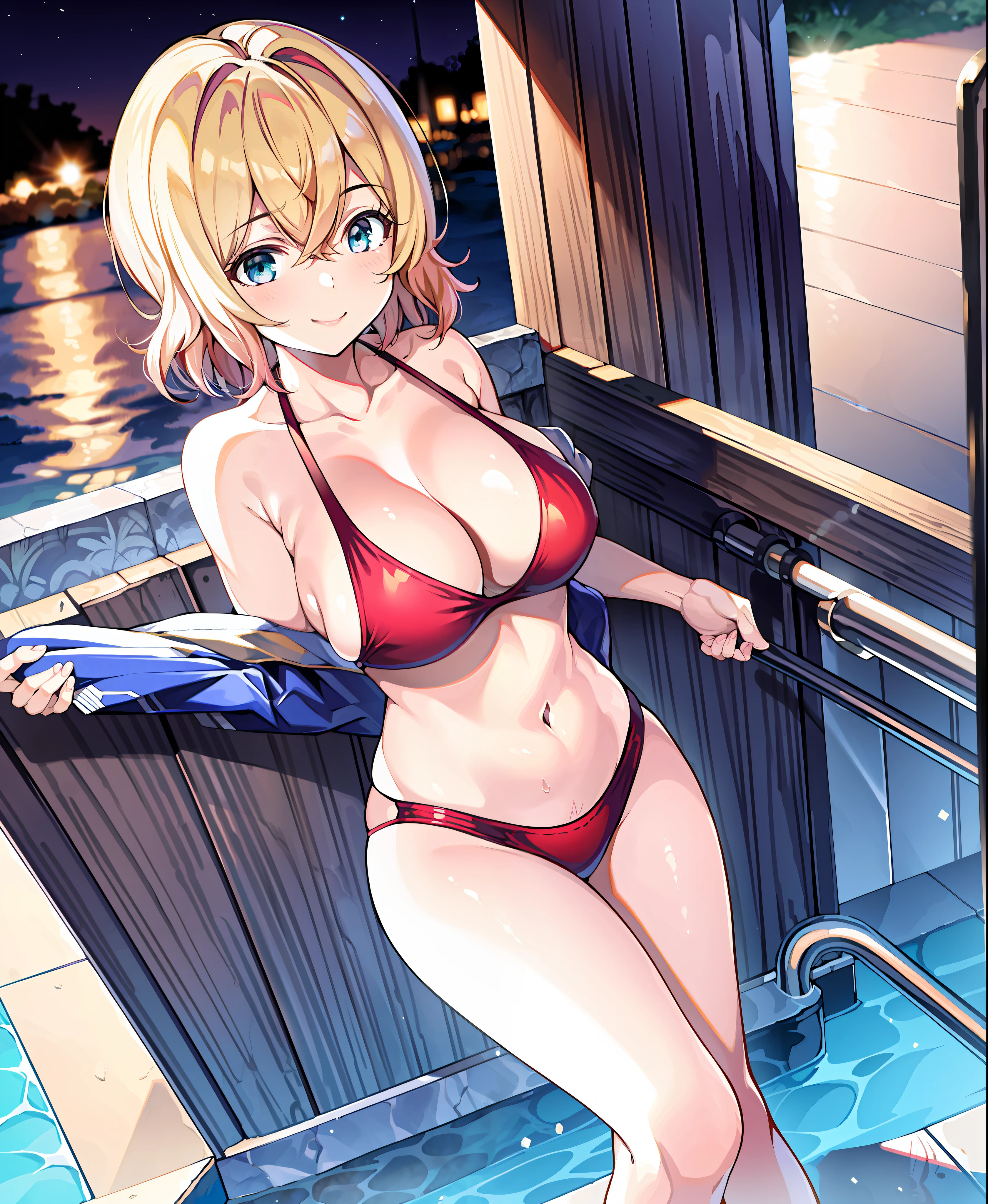 masterpiece, best quality, 8k, highres, 1girl, night, seductive smile, large breasts, racing swimsuit