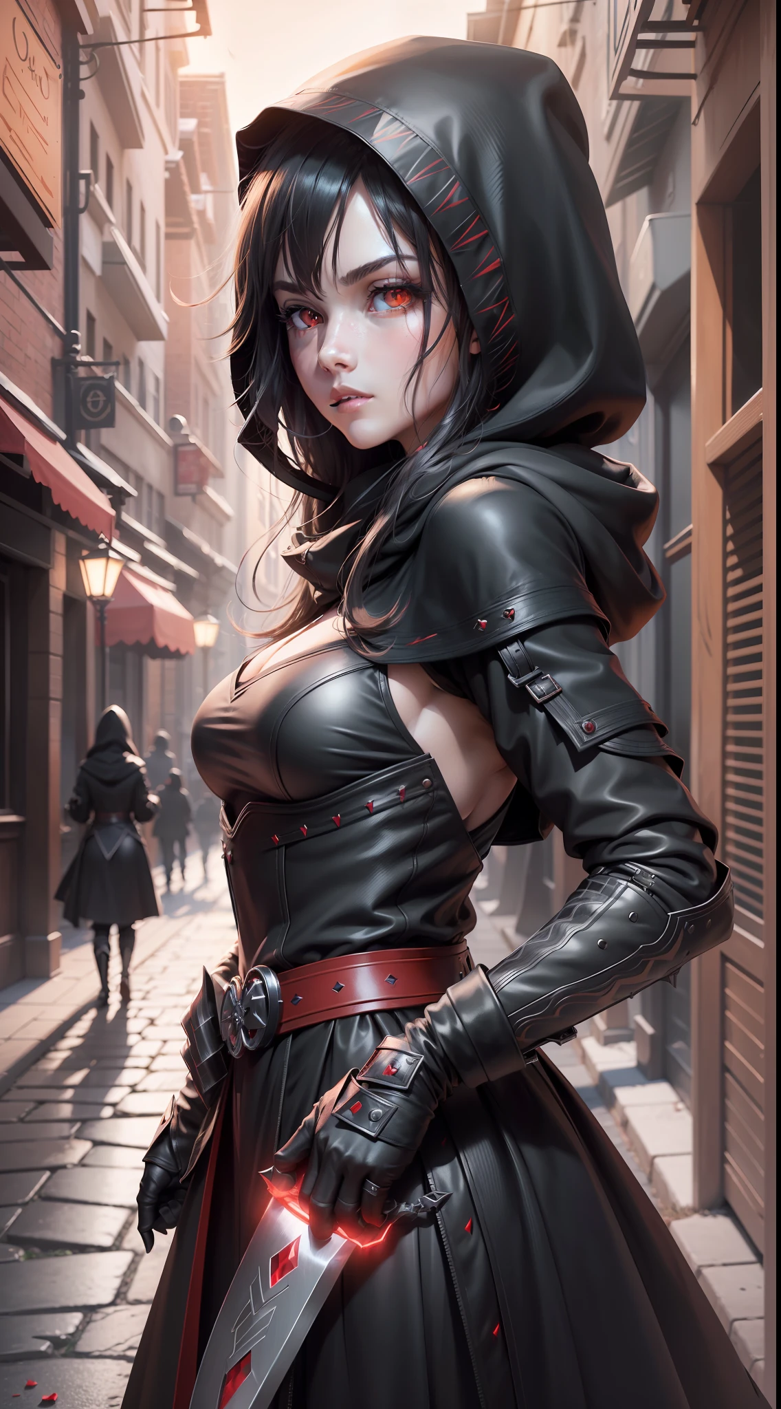 (extremely detailed CG unity 8k wallpaper, masterpiece, best quality, ultra-detailed), best illumination, black hood, shadows, mysterious, intense, (1 female) , dark hair, red eyes, deadly weapons, sharp knife, black clothes, dark alley, moonlight.