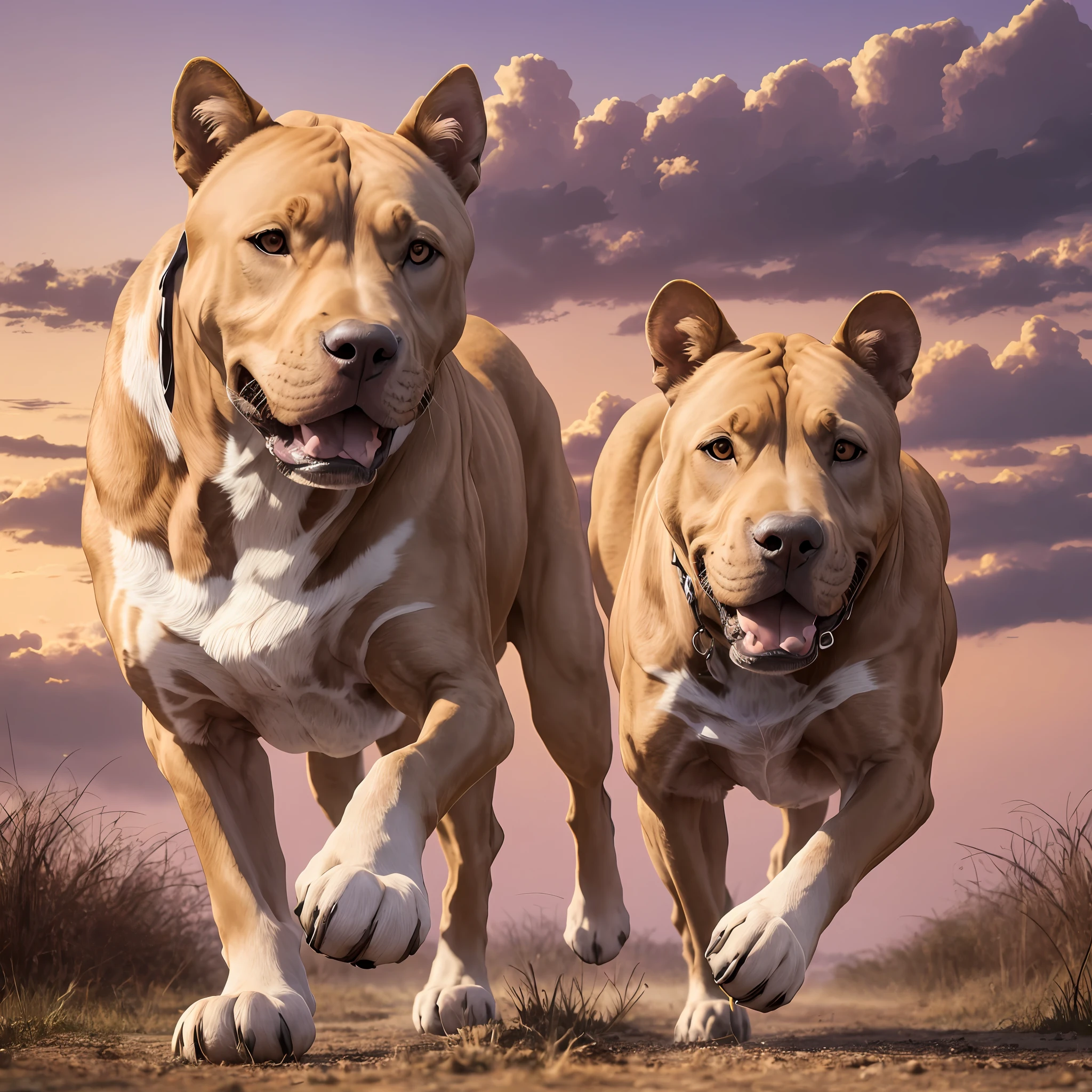 Image of a Pitbull dog running through the African savannah accompanied by lions during sunset, the sky with a purple twilight color --auto --s2