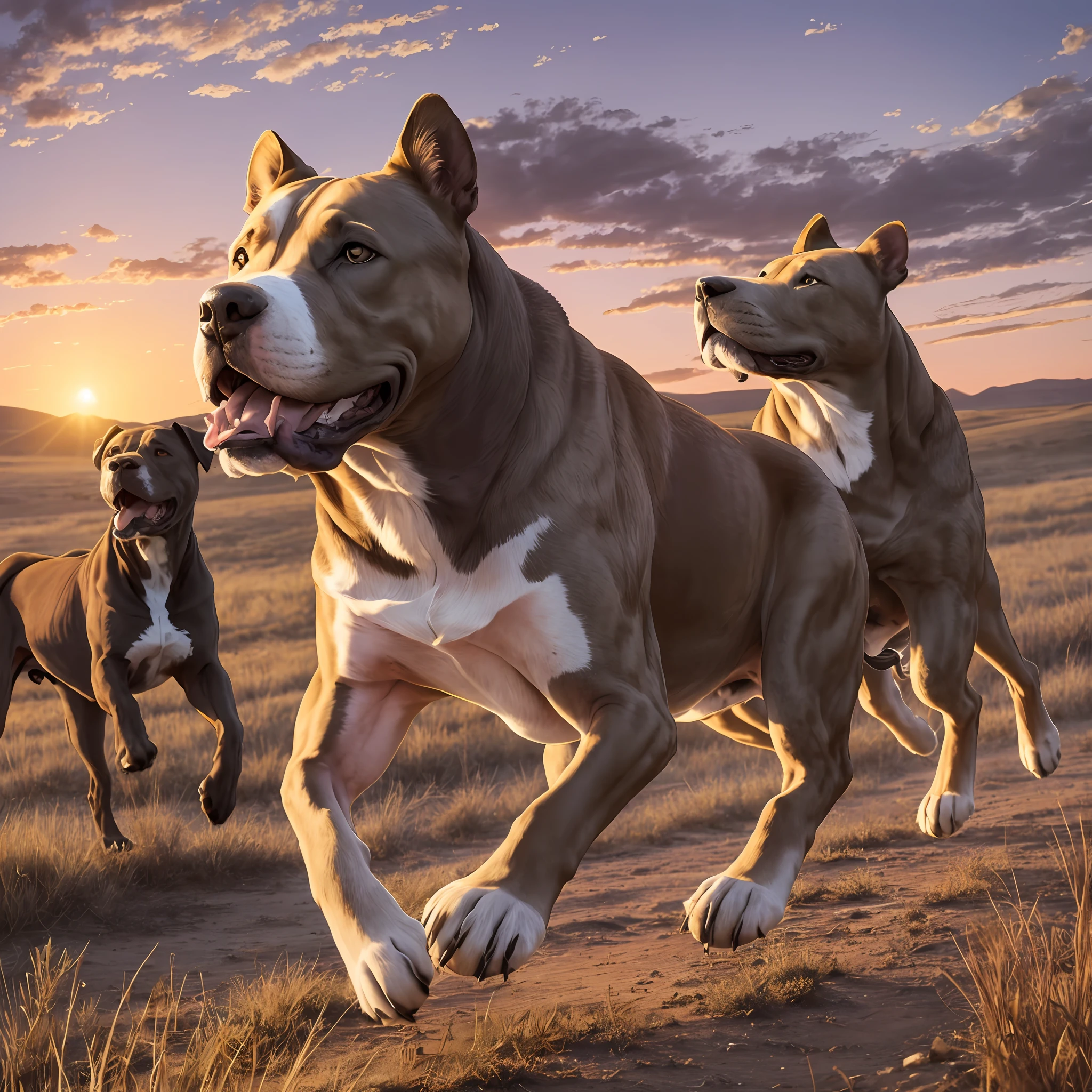 Image of a Pitbull dog running through the African savannah accompanied by lions during sunset, the sky with a purple twilight color --auto --s2