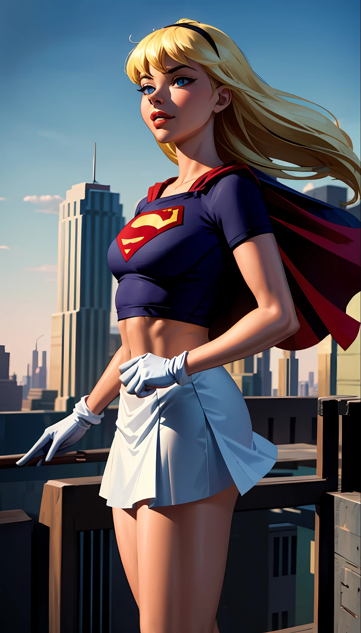 (cowboy shot), SFW, (masterpiece), (best quality: 1.0), (ultra highres: 1.0), detailed eyes,
BREAK
Supergirl, 1girl, long blonde hair, in the air, flying
Hair band, \(blue\) crop top, short sleeves, cape, red pencil skirt, gloves, boots
BREAK
(Morning sun, city, stunning view)