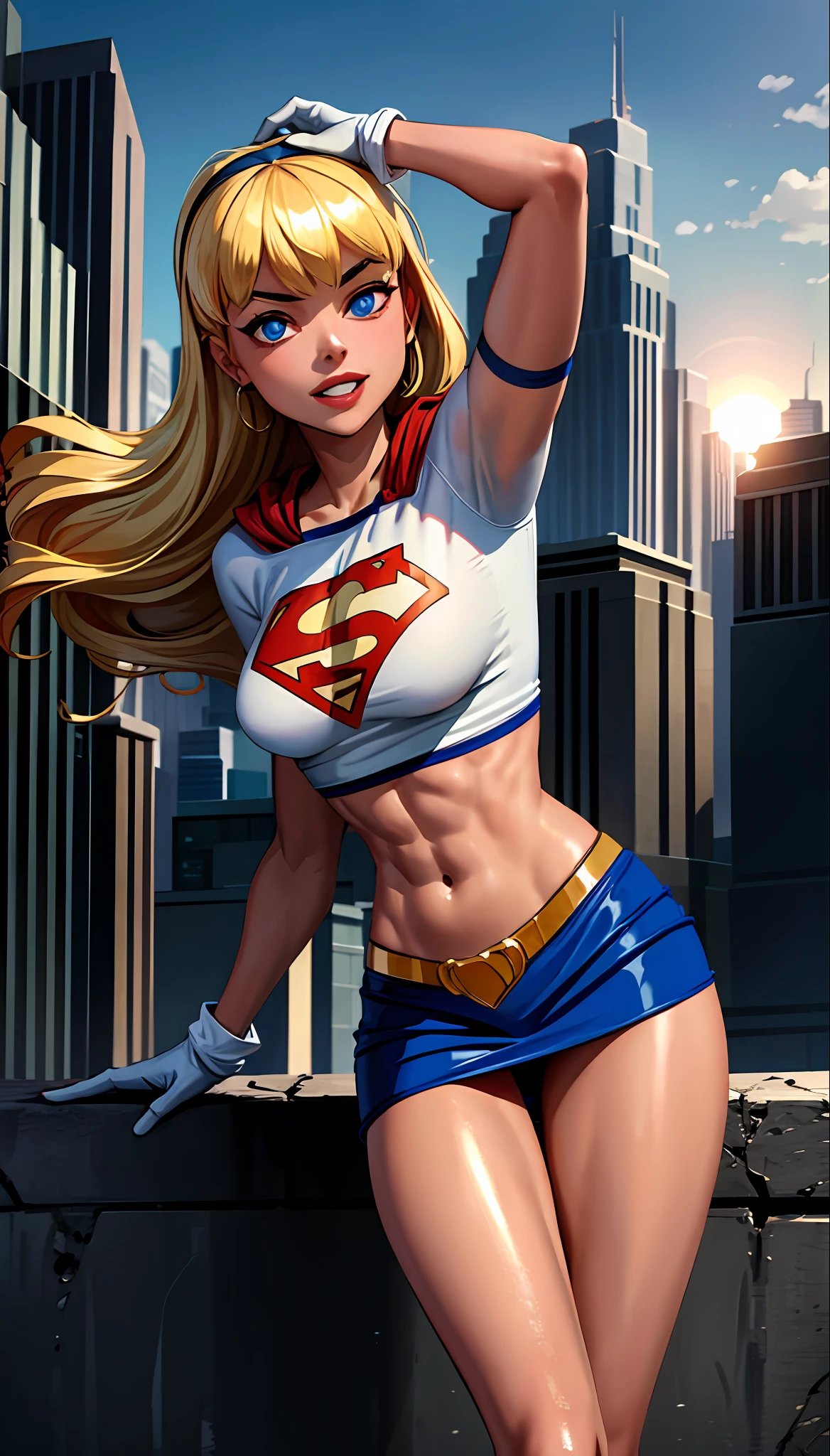 (cowboy shot), SFW, (masterpiece), (best quality: 1.0), (ultra highres: 1.0), detailed eyes,
BREAK
Supergirl, 1girl, long blonde hair, in the air, flying
Hair band, \(blue\) crop top, short sleeves, cape, red pencil skirt, gloves, boots
BREAK
(Morning sun, city, stunning view)