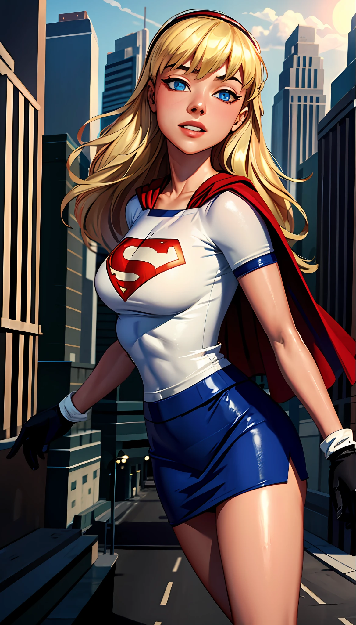 (cowboy shot), SFW, (masterpiece), (best quality: 1.0), (ultra highres: 1.0), detailed eyes,
BREAK
Supergirl, 1girl, long blonde hair, in the air, flying
Hair band, \(blue\) crop top, short sleeves, cape, red pencil skirt, gloves, boots
BREAK
(Morning sun, city, stunning view)