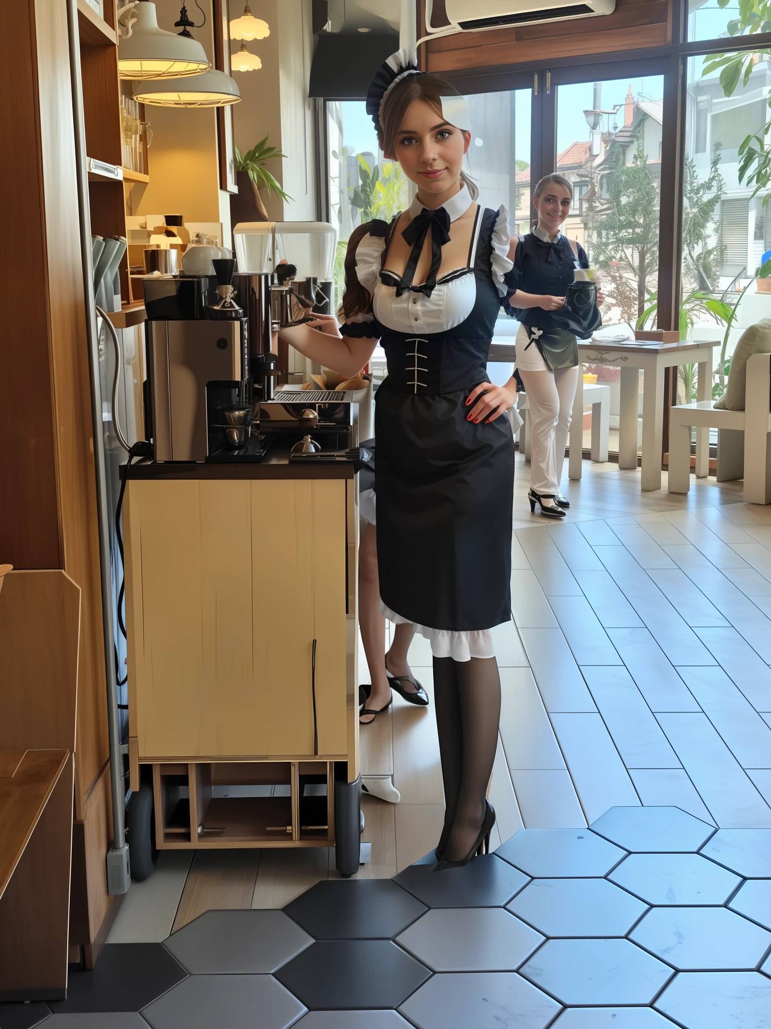 A European girl in a sexy maid outfit, big, standing to make coffee, front photo, high quality, 4k