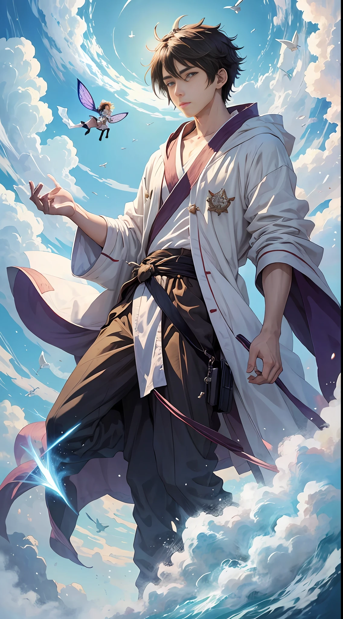 (Manga art style: 1.8) A 20-year-old man, (roaming in the sky: 1.5), (fairy breath) - (wearing a robe: 1.1). --auto --s2