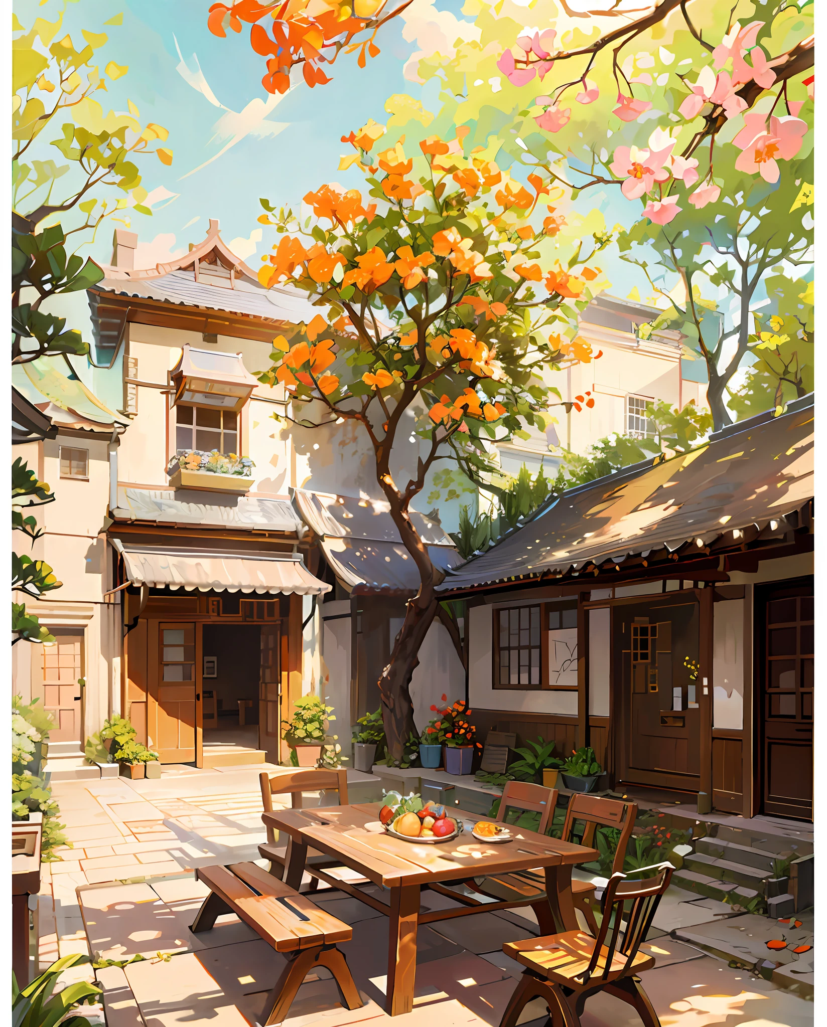 Draw a courtyard with table and chairs and a tree, Chinese courtyard, table and chairs, fruit plate on table, flowers and plants around, trees and flowers around, beautiful artwork illustration, landscape artwork, autumn, Zhou Chen, there is a persimmon tree, full of red persimmons, anime background art, Studio Ghibli art, Studio Ghibli environment, beautiful digital painting, detailed scenery - width 672, Studio Ghibli style, Studio Ghibli sunshine, beautiful digital artwork, by Ni Yuanlu, Studio Ghibli painting style
