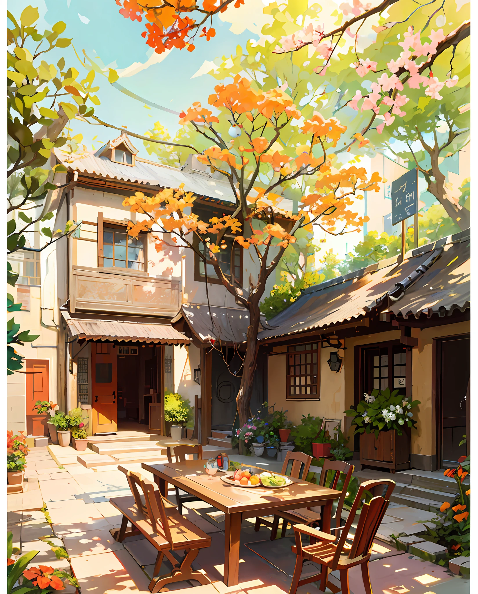 Draw a courtyard with table and chairs and a tree, Chinese courtyard, table and chairs, fruit plate on table, flowers and plants around, trees and flowers around, beautiful artwork illustration, landscape artwork, autumn, Zhou Chen, there is a persimmon tree, full of red persimmons, anime background art, Studio Ghibli art, Studio Ghibli environment, beautiful digital painting, detailed scenery - width 672, Studio Ghibli style, Studio Ghibli sunshine, beautiful digital artwork, by Ni Yuanlu, Studio Ghibli painting style