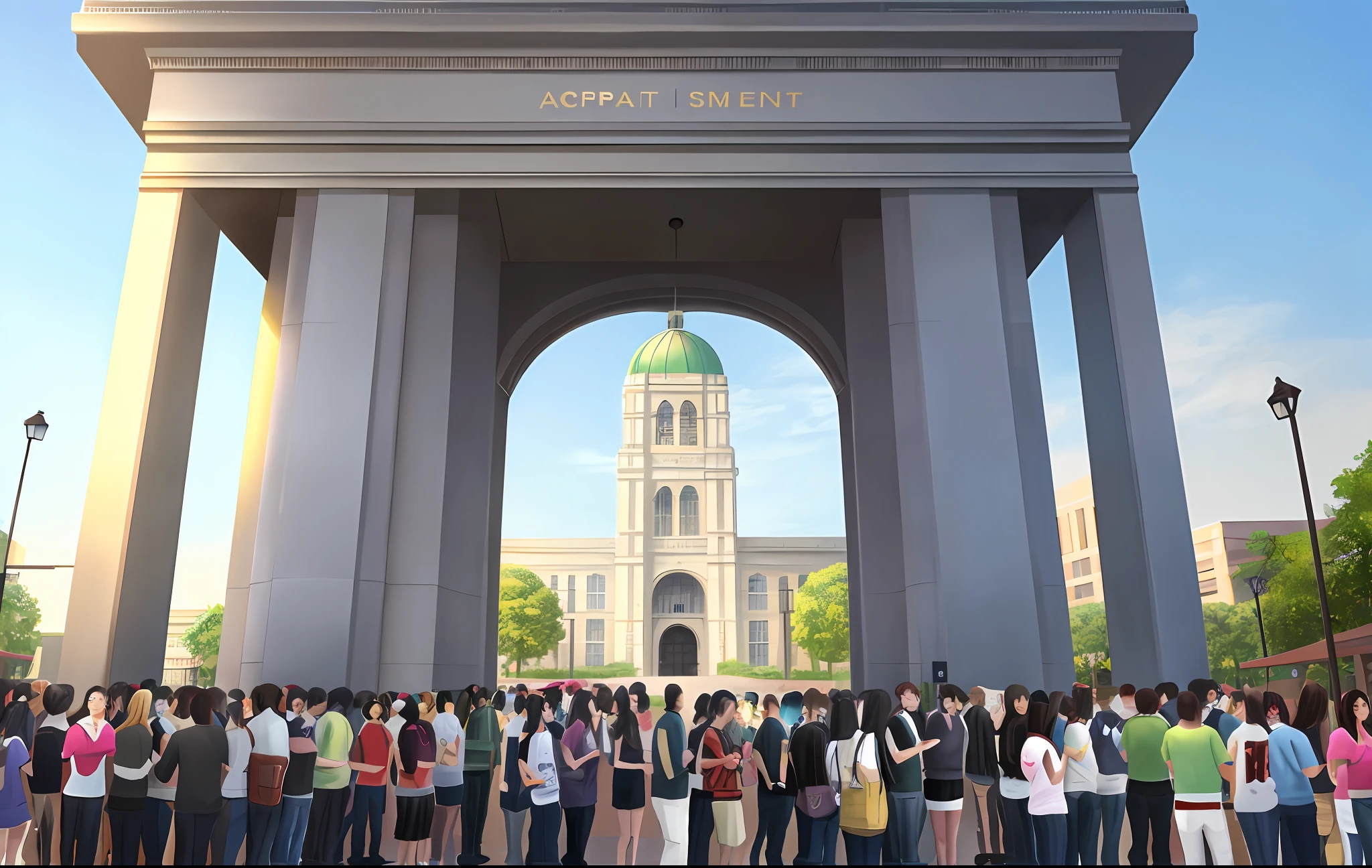campus, campus gate, (digital painting), (best quality), campus gate, crowd, many people, queue, parents and children, adults holding children, crowded, 8k hyper-realistic, soft color scheme, soft lighting, prime time,