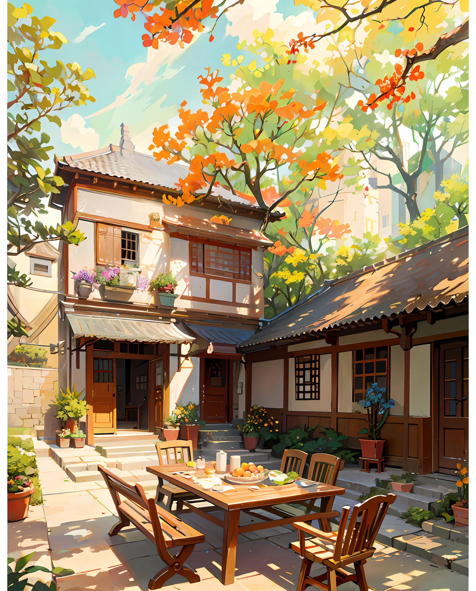 Draw a courtyard with table and chairs and a tree, Chinese courtyard, table and chairs, fruit plate on table, flowers and plants around, trees and flowers around, beautiful artwork illustration, landscape artwork, autumn, Zhou Chen, there is a persimmon tree, full of red persimmons, anime background art, Studio Ghibli art, Studio Ghibli environment, beautiful digital painting, detailed scenery - width 672, Studio Ghibli style, Studio Ghibli sunshine, beautiful digital artwork, by Ni Yuanlu, Studio Ghibli painting style